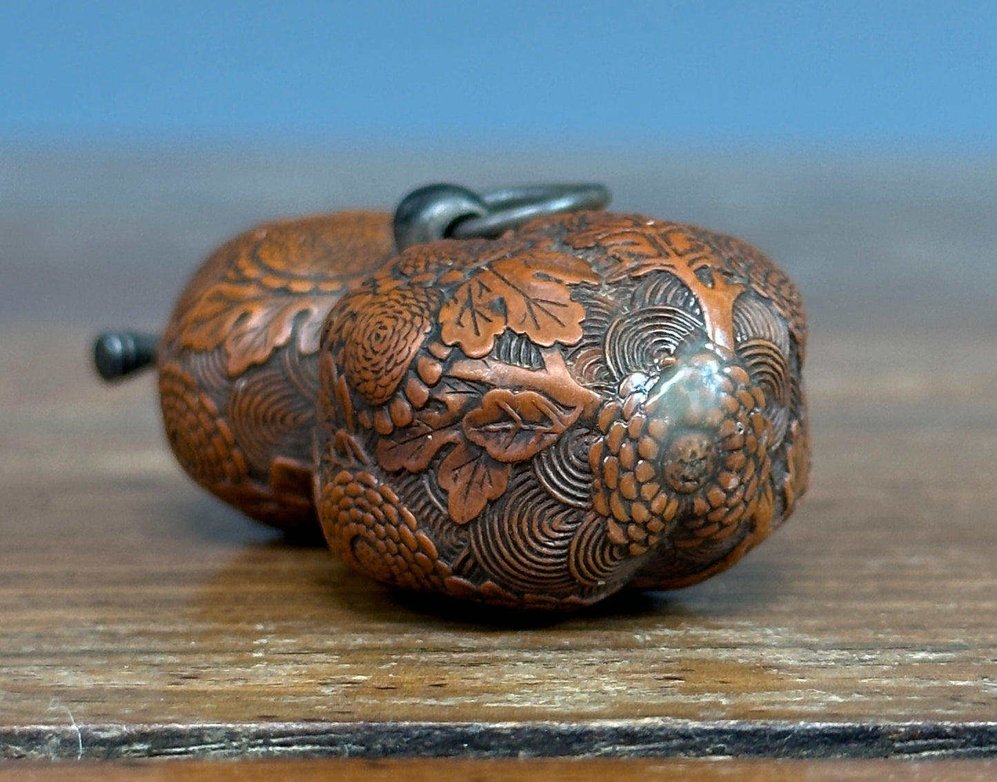 Antique Japanese Carved Gourd Netsuke Silver Fittings Edo Meiji Snuff Bottle Nut