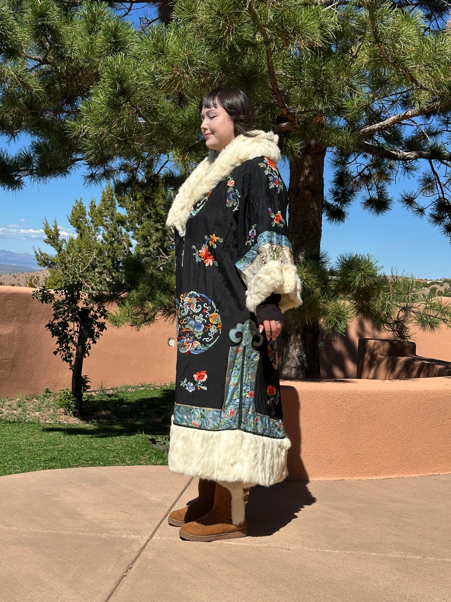 Antique Chinese Embroidered Silk and Fur Opera Coat Robe Reversible Early 20th c