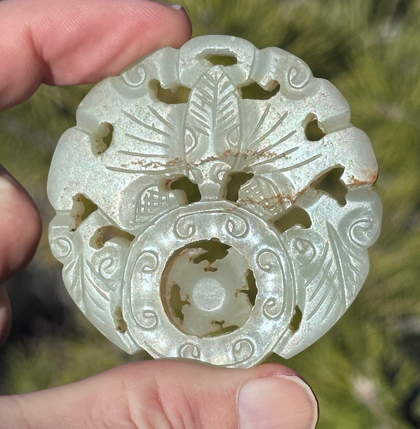 SOLD Antique Chinese Carved White Jade Prayer Wheel Bat Pendant Nephrite Qing 19th c