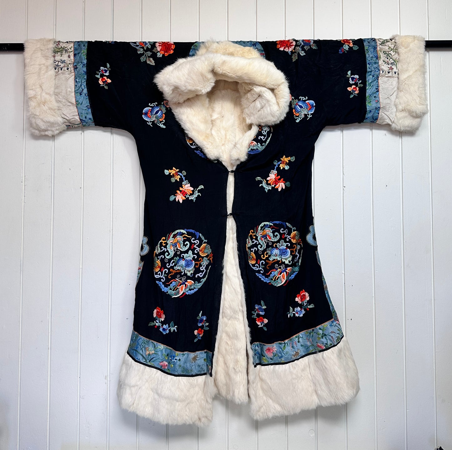 Antique Chinese Embroidered Silk and Fur Opera Coat Robe Reversible Early 20th c