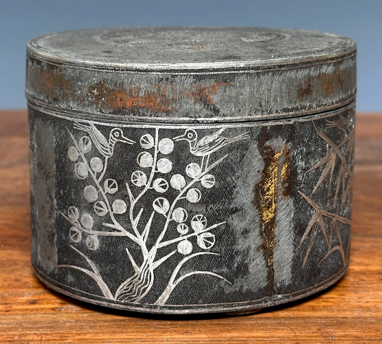 Antique Korean Silver Inlaid Iron Round Tobacco Box Joseon