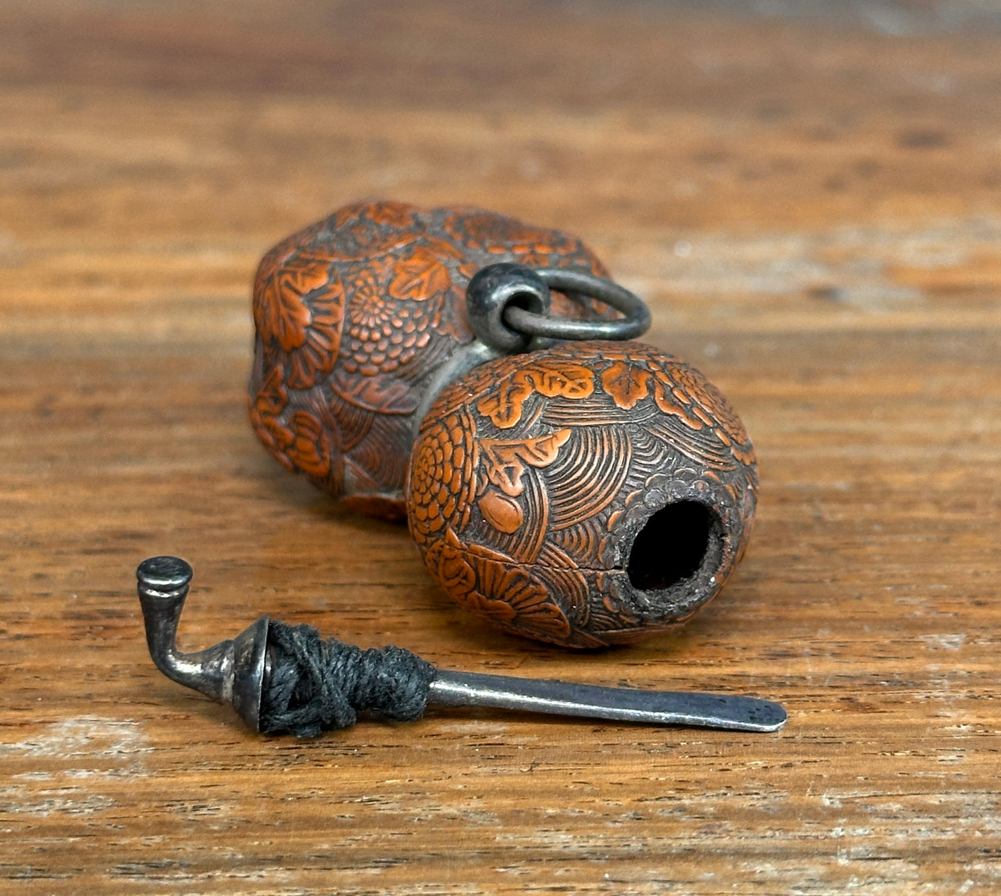 Antique Japanese Carved Gourd Netsuke Silver Fittings Edo Meiji Snuff Bottle Nut
