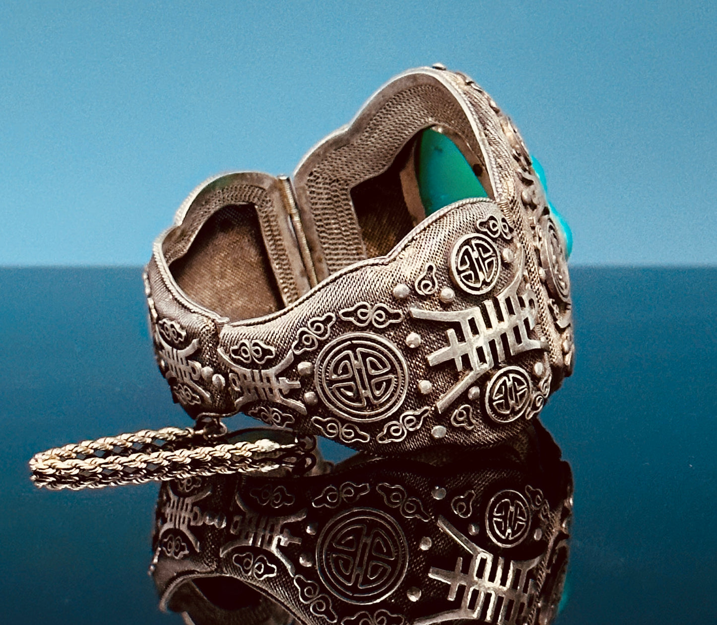 SOLD Antique Chinese Silver Filigree Vermeil Cuff Bracelet Chrysoprase 1910 Jade Like