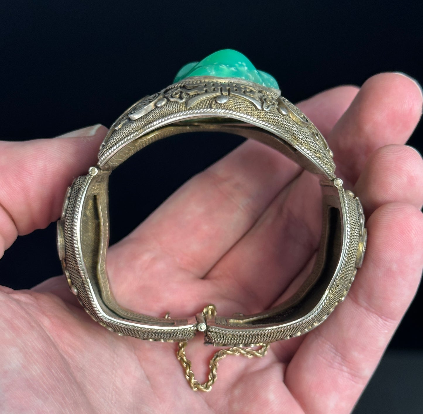 SOLD Antique Chinese Silver Filigree Vermeil Cuff Bracelet Chrysoprase 1910 Jade Like