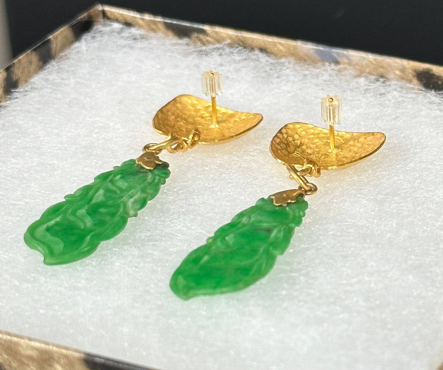 SOLD Antique Carved Apple Green Jadeite Jade “Peapods” 24k Gold Earrings Signed