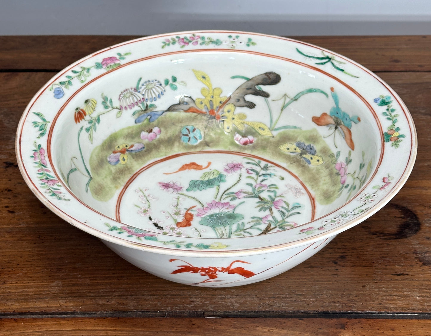 Antique Chinese Porcelain Basin Bowl “8 Butterflies” Bats Lotus Famille Rose 19th c Qing