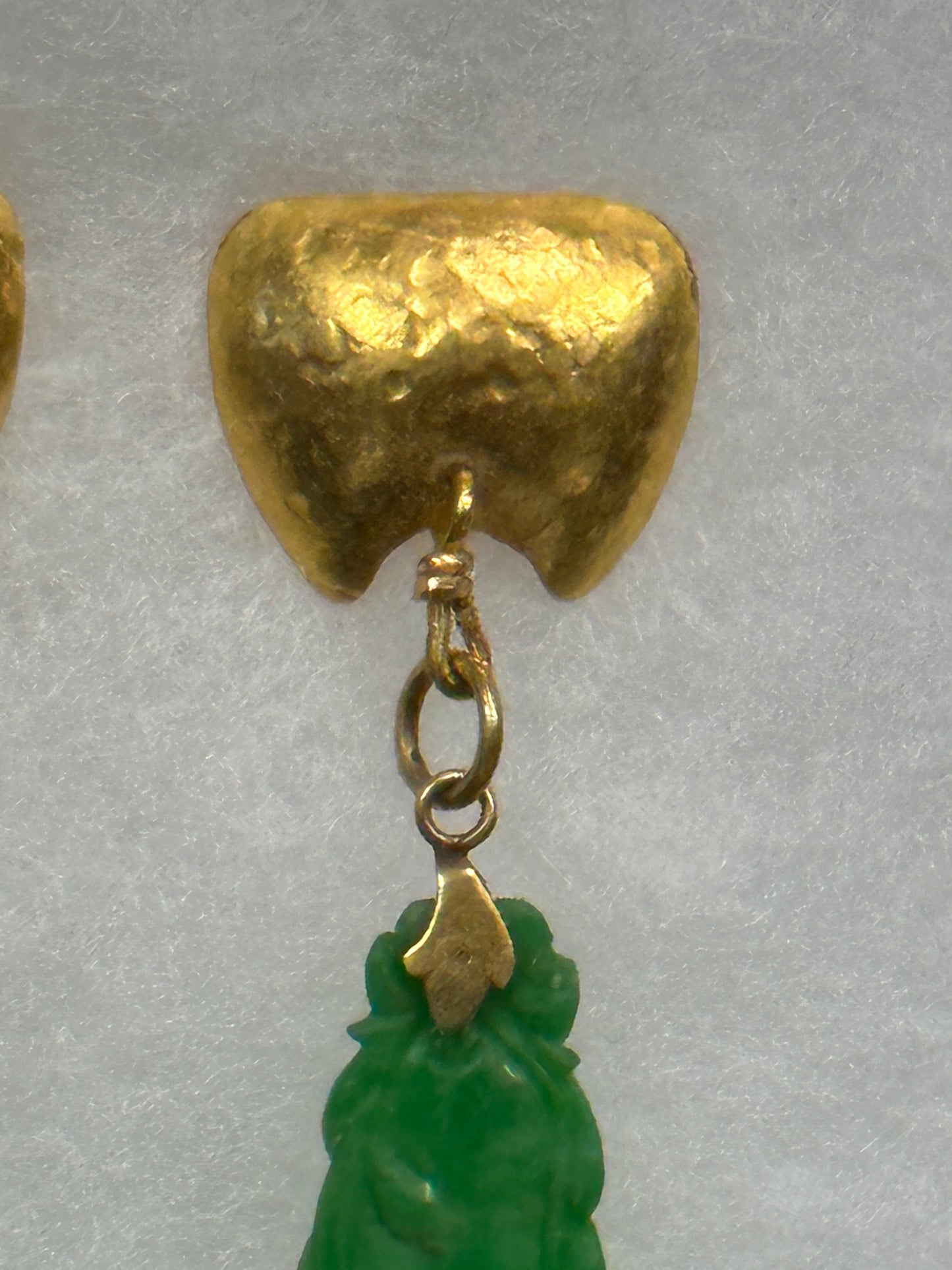 SOLD Antique Carved Apple Green Jadeite Jade “Peapods” 24k Gold Earrings Signed