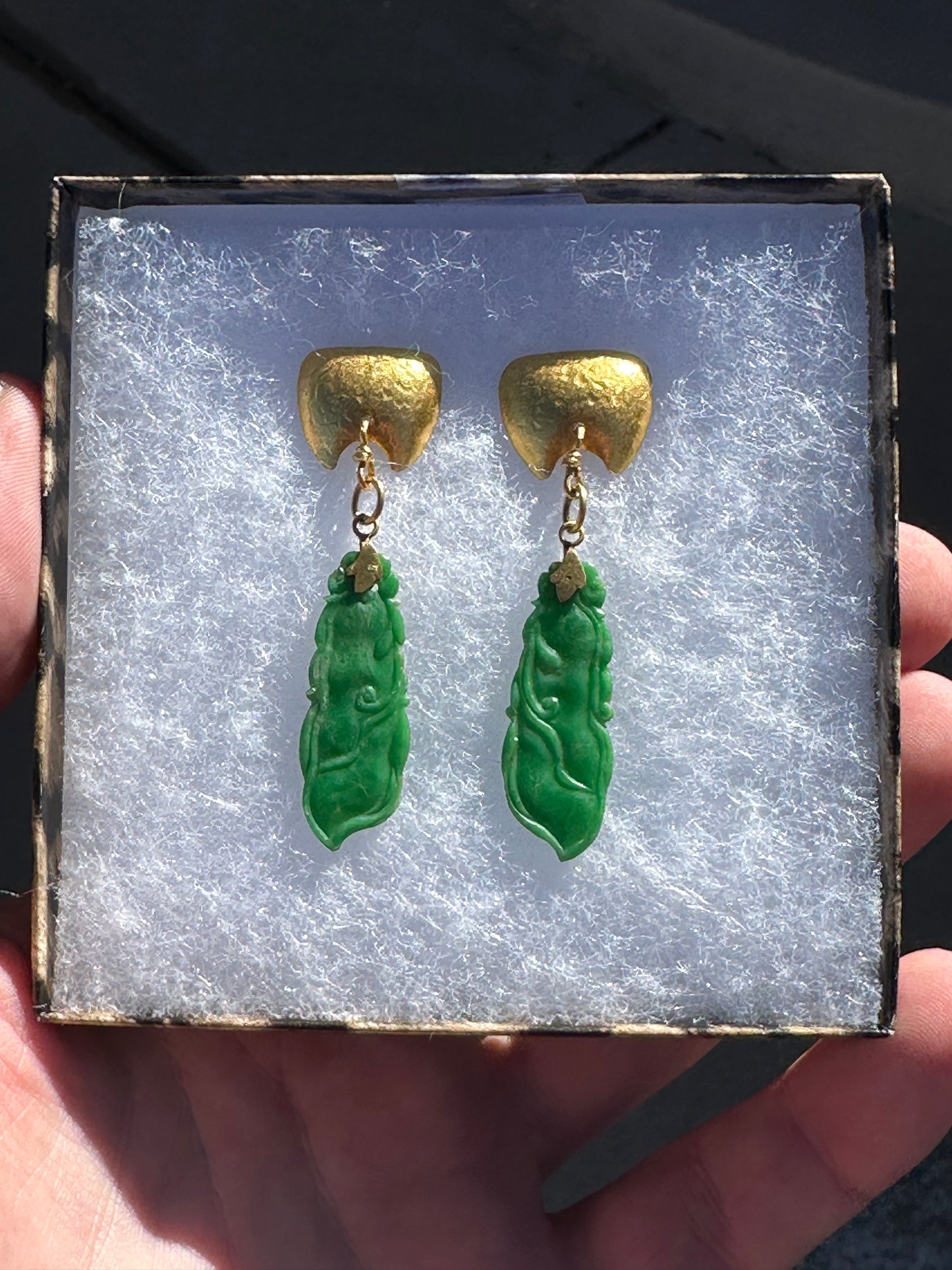 SOLD Antique Carved Apple Green Jadeite Jade “Peapods” 24k Gold Earrings Signed