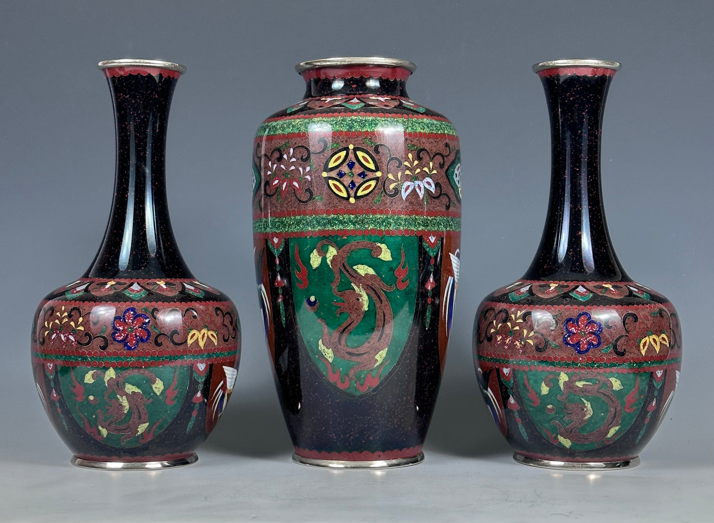 SOLD Antique Japanese Cloisonne 3 Piece Garniture Vases Deco 1920s