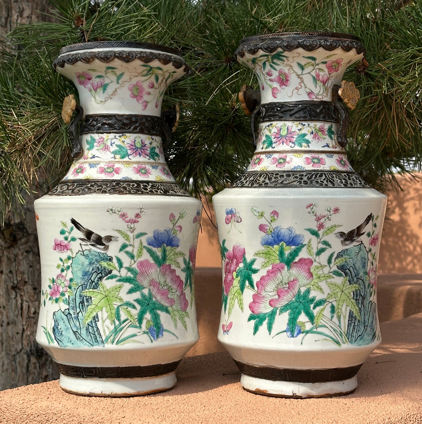 Antique Chinese Porcelain Large Mirror Pair Vases Nanking Famille Rose
