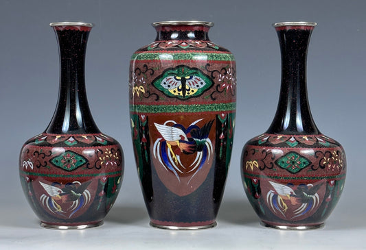 SOLD Antique Japanese Cloisonne 3 Piece Garniture Vases Deco 1920s