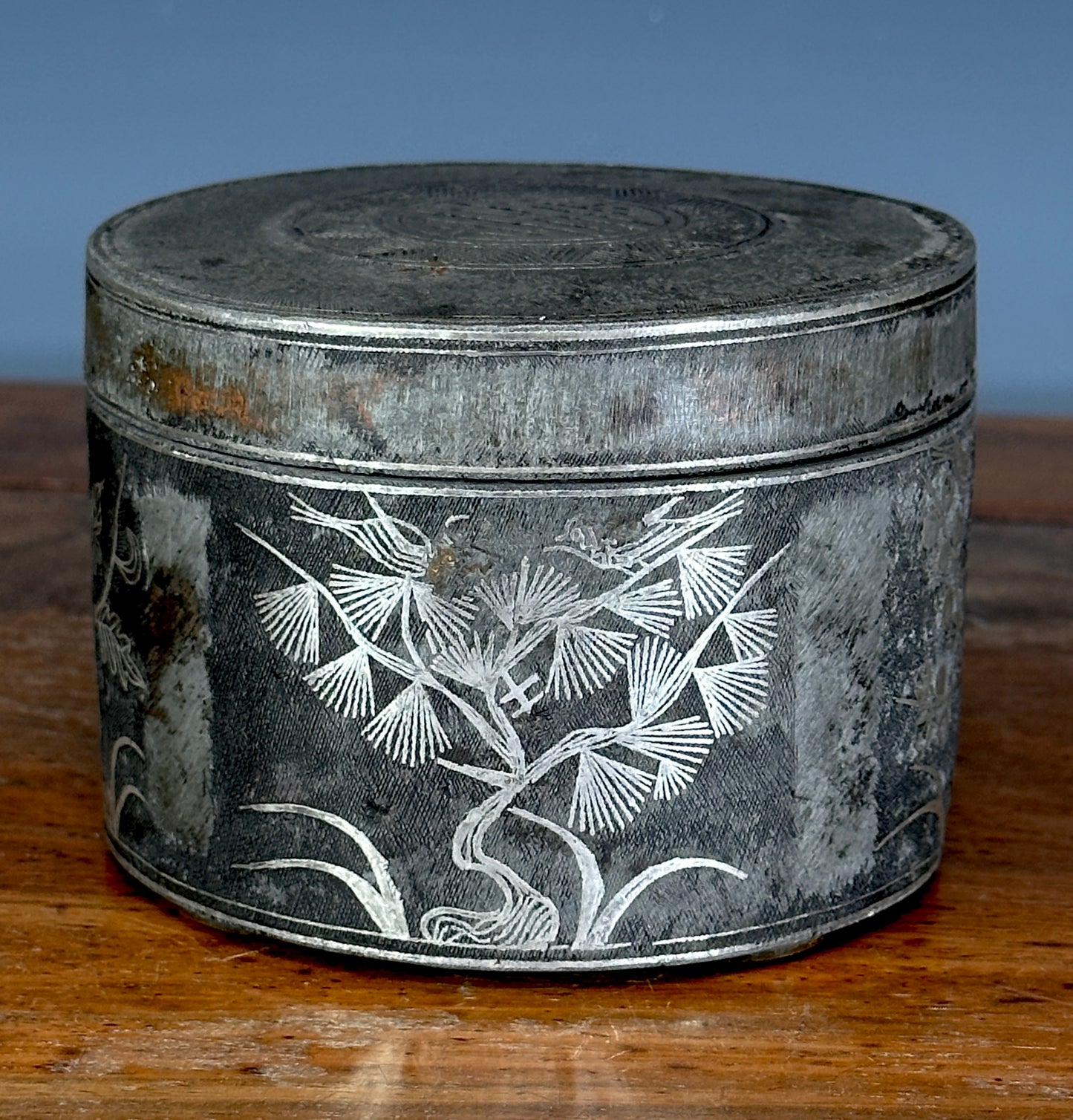 Antique Korean Silver Inlaid Iron Round Tobacco Box Joseon