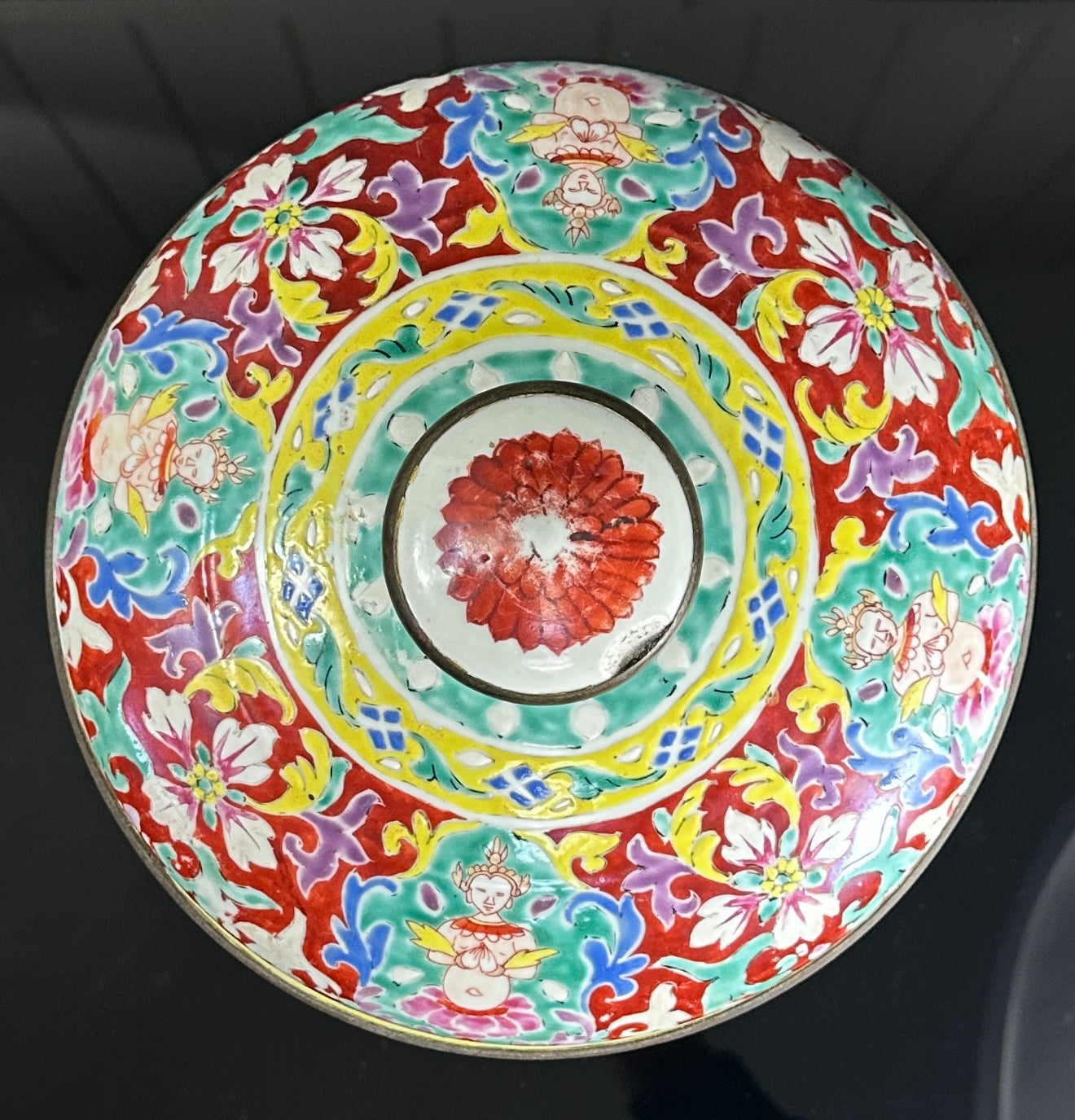 SOLD Antique Chinese Porcelain Bencharong HUGE Toh Lidded Jar Bowl Thai Market 19th c