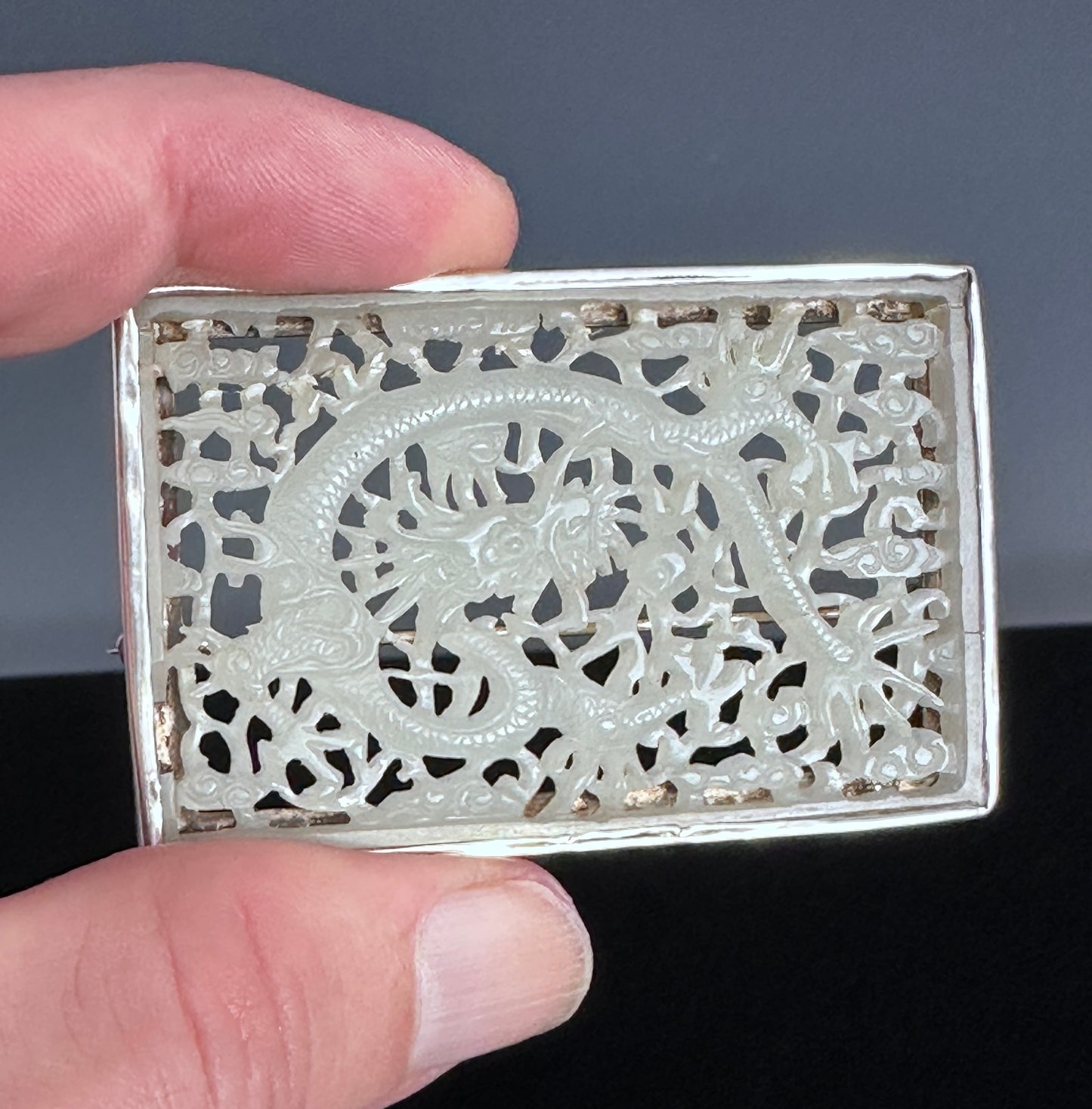 SOLD Chinese White Jade Dragon Plaque Brooch 20th Century