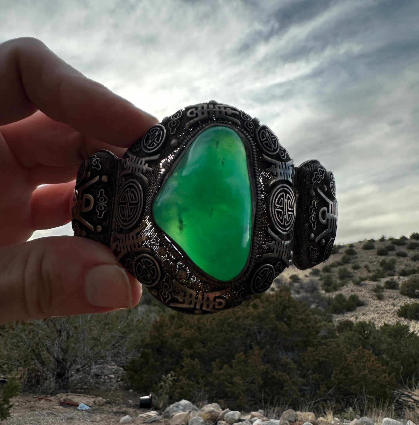 SOLD Antique Chinese Silver Filigree Vermeil Cuff Bracelet Chrysoprase 1910 Jade Like