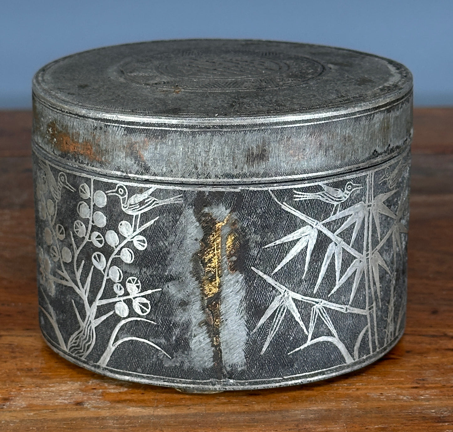 Antique Korean Silver Inlaid Iron Round Tobacco Box Joseon