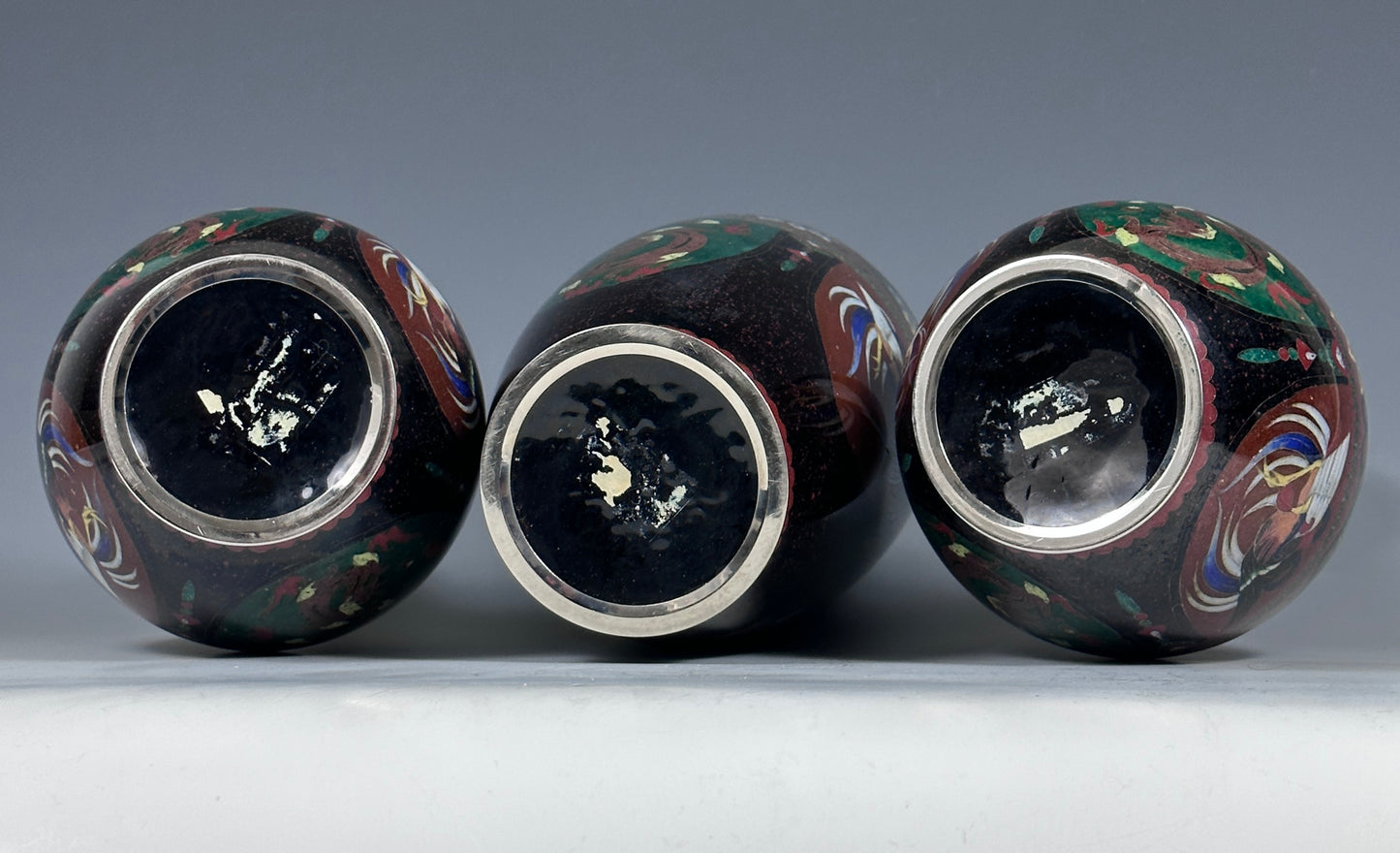 SOLD Antique Japanese Cloisonne 3 Piece Garniture Vases Deco 1920s