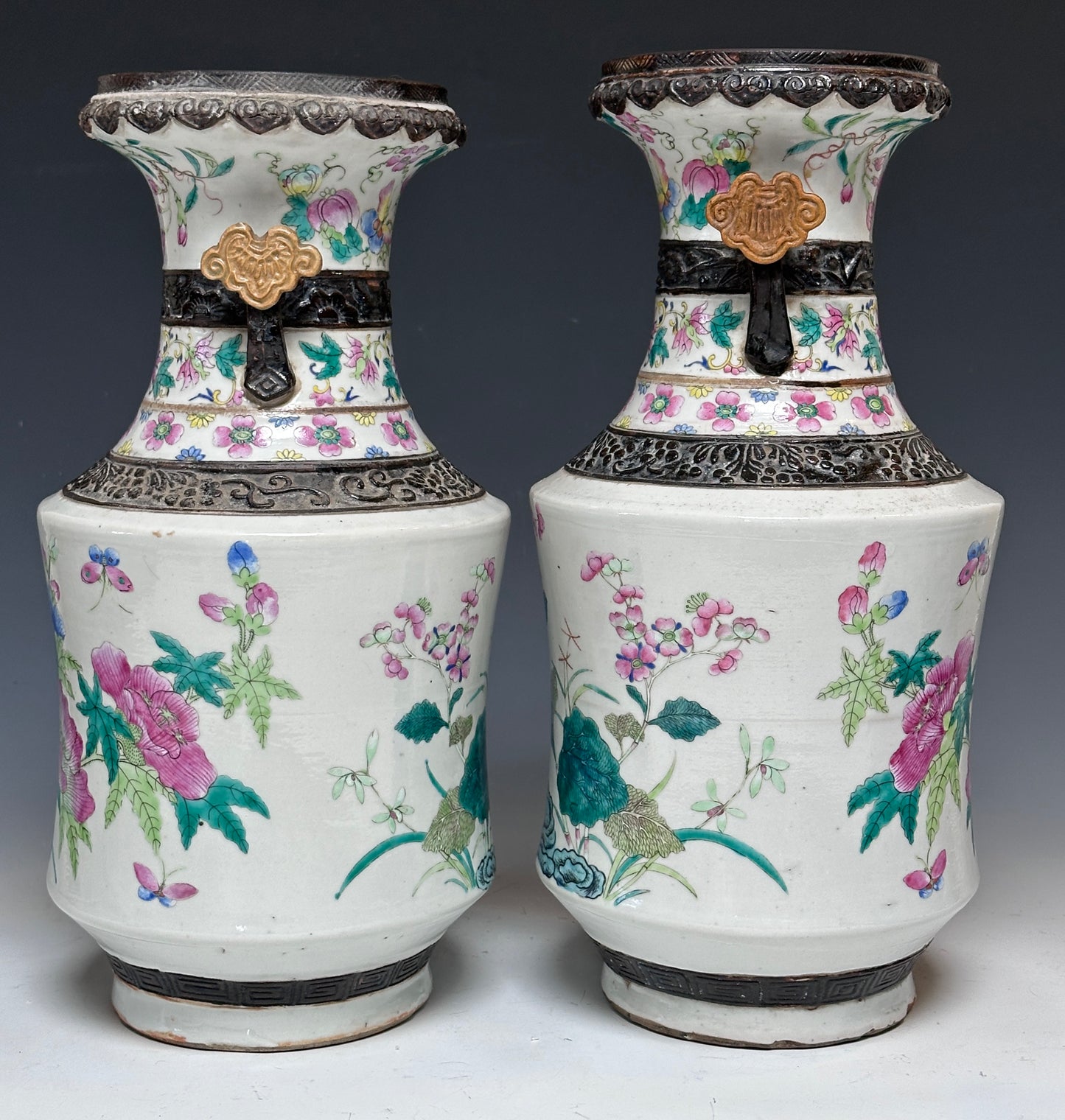 Antique Chinese Porcelain Large Mirror Pair Vases Nanking Famille Rose