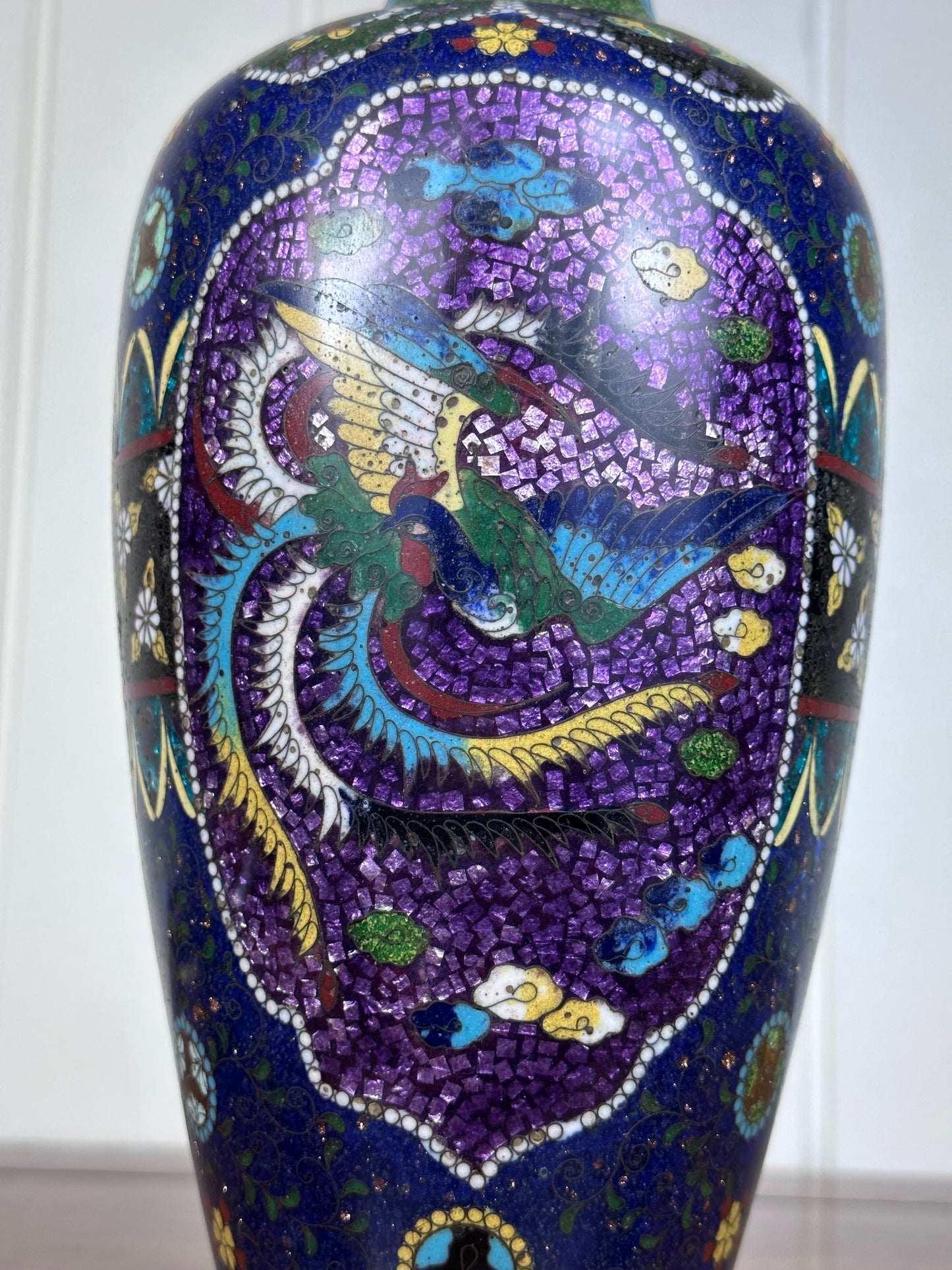 SOLD Antique Japanese Cloisonne Vase Meiji Unusual Ginbari Purple Sparkle 19th Century