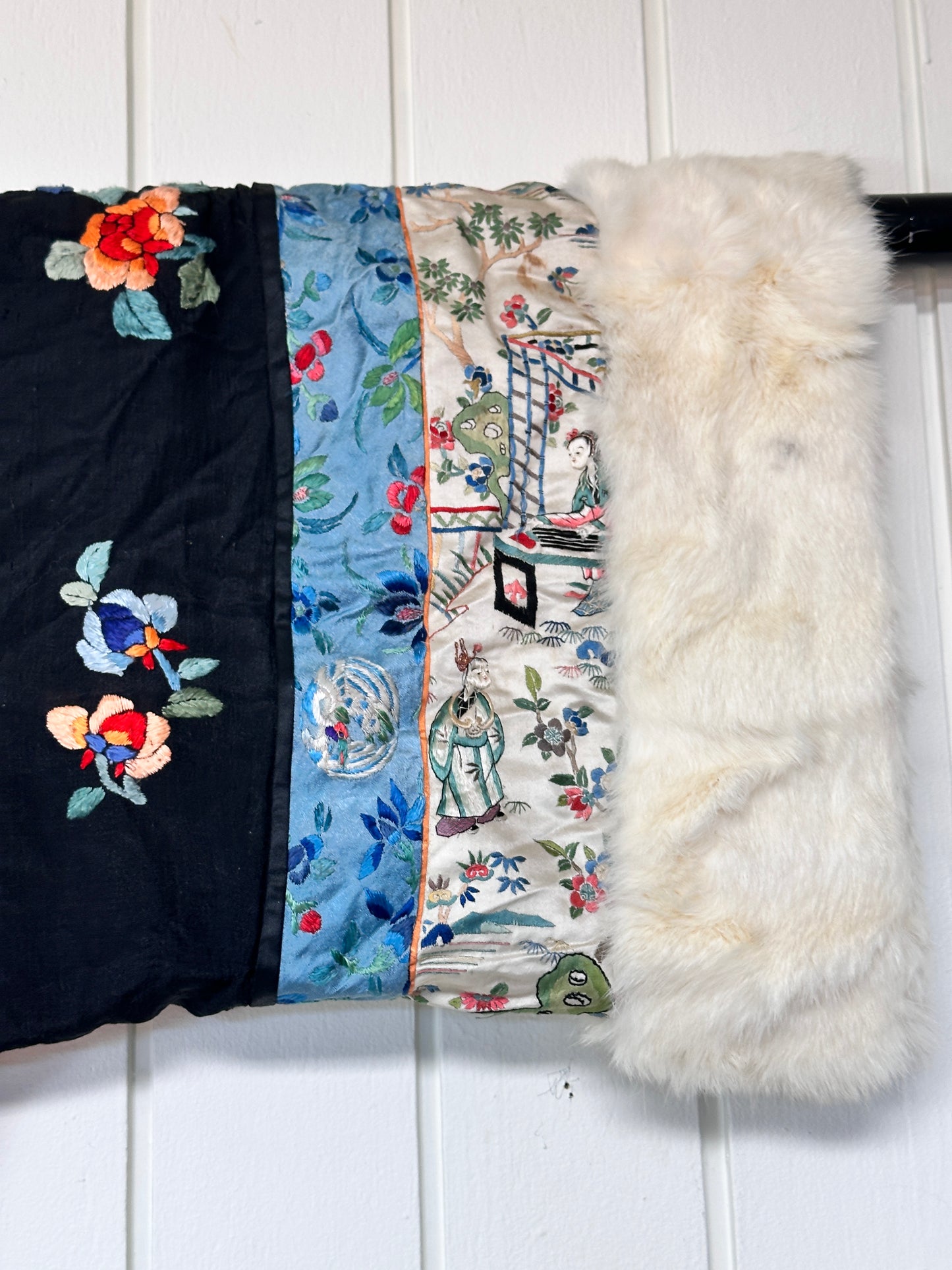 Antique Chinese Embroidered Silk and Fur Opera Coat Robe Reversible Early 20th c