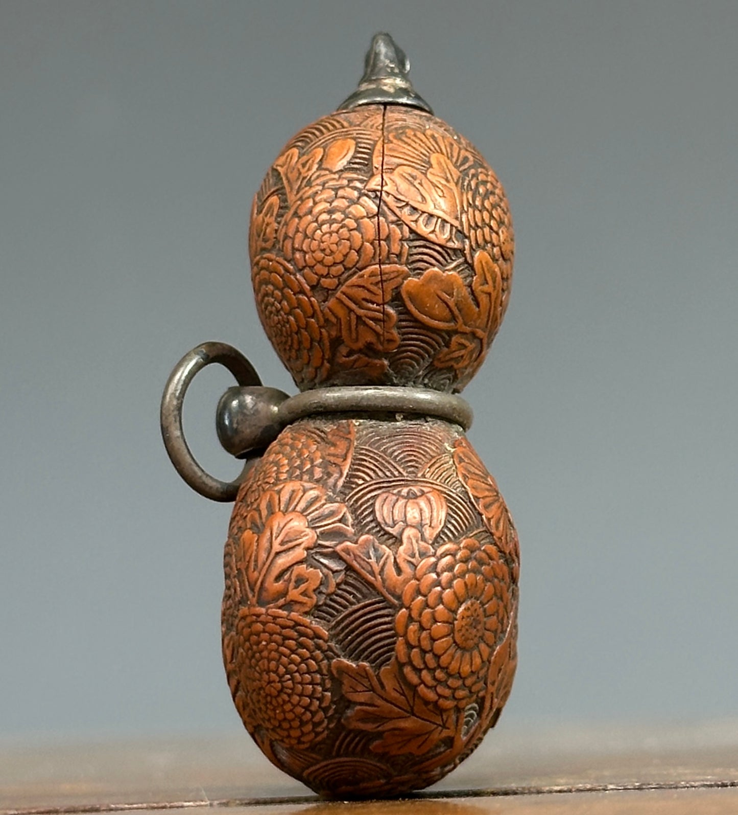 Antique Japanese Carved Gourd Netsuke Silver Fittings Edo Meiji Snuff Bottle Nut