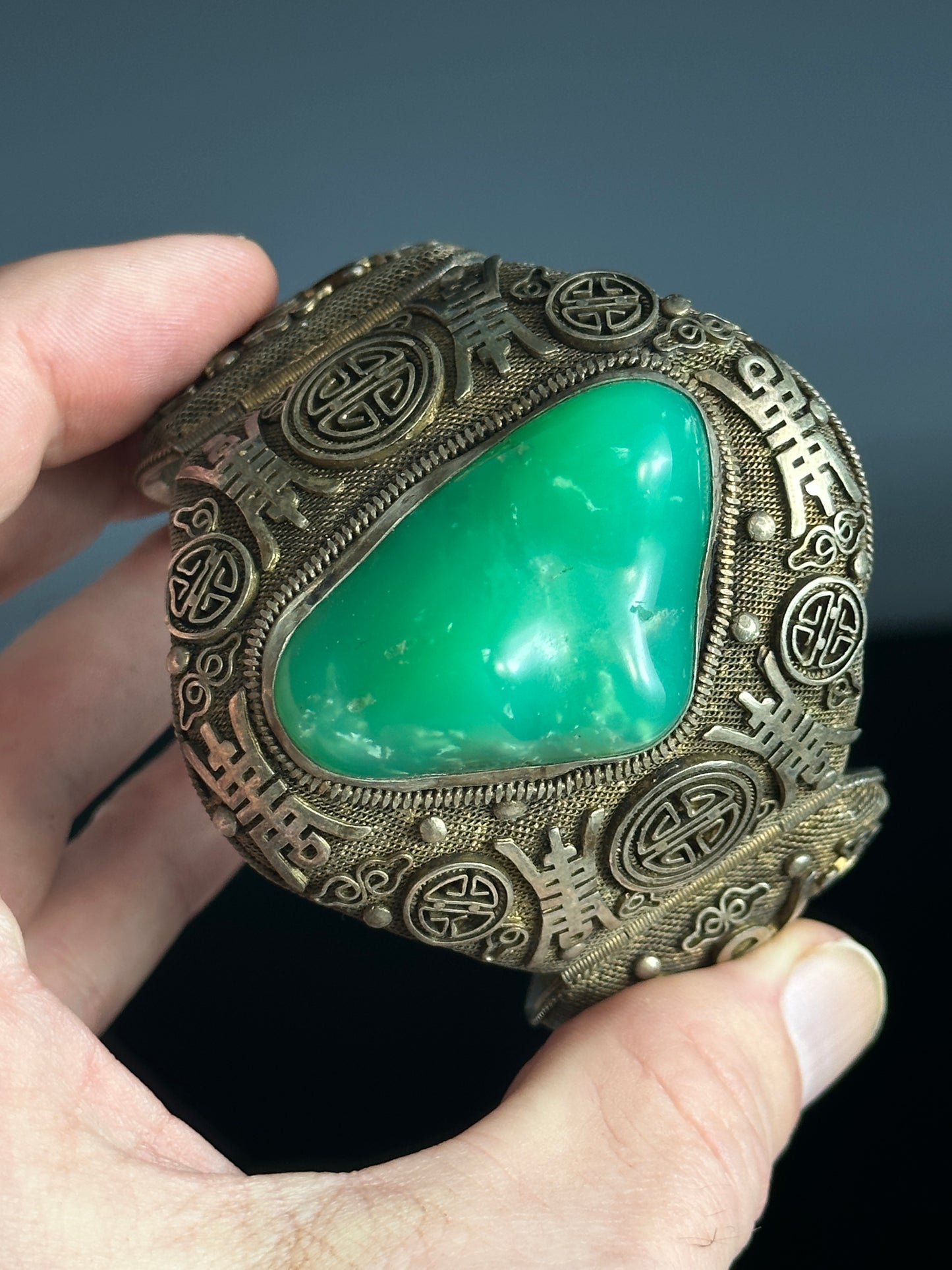 SOLD Antique Chinese Silver Filigree Vermeil Cuff Bracelet Chrysoprase 1910 Jade Like