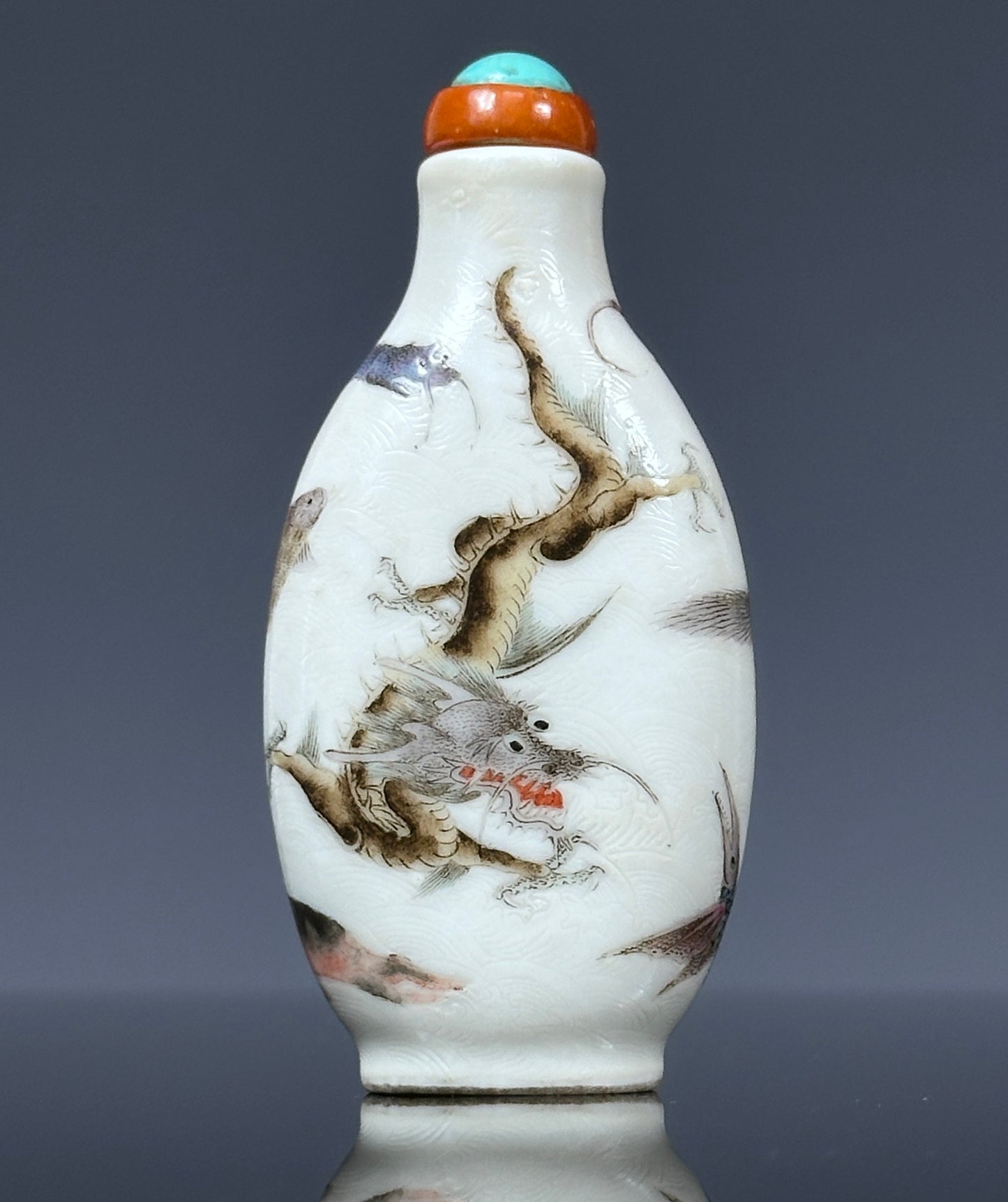 SOLD Antique Chinese Daoguang Porcelain Snuff Bottle “Eight Mythical Sea Creatures”