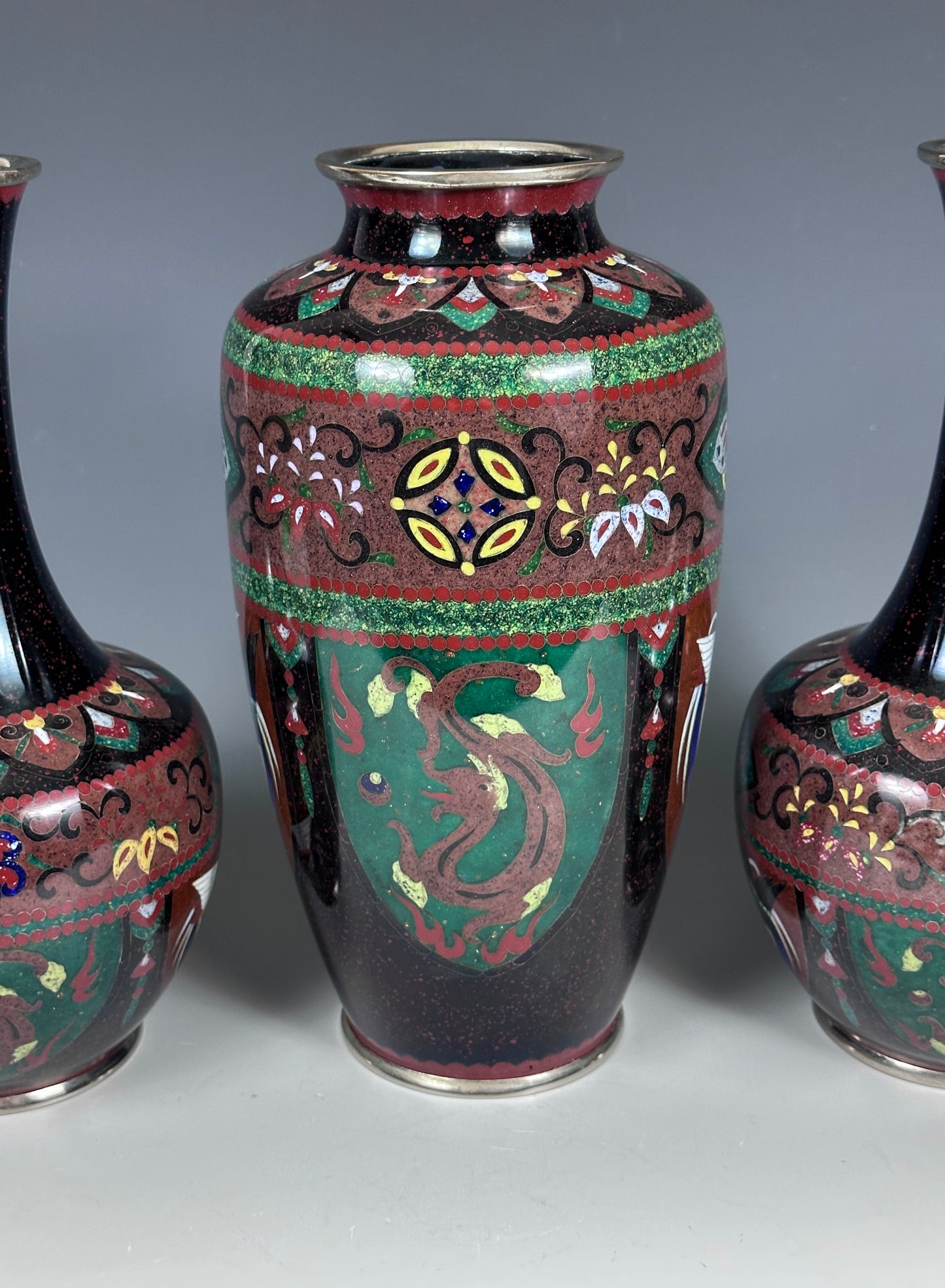 SOLD Antique Japanese Cloisonne 3 Piece Garniture Vases Deco 1920s