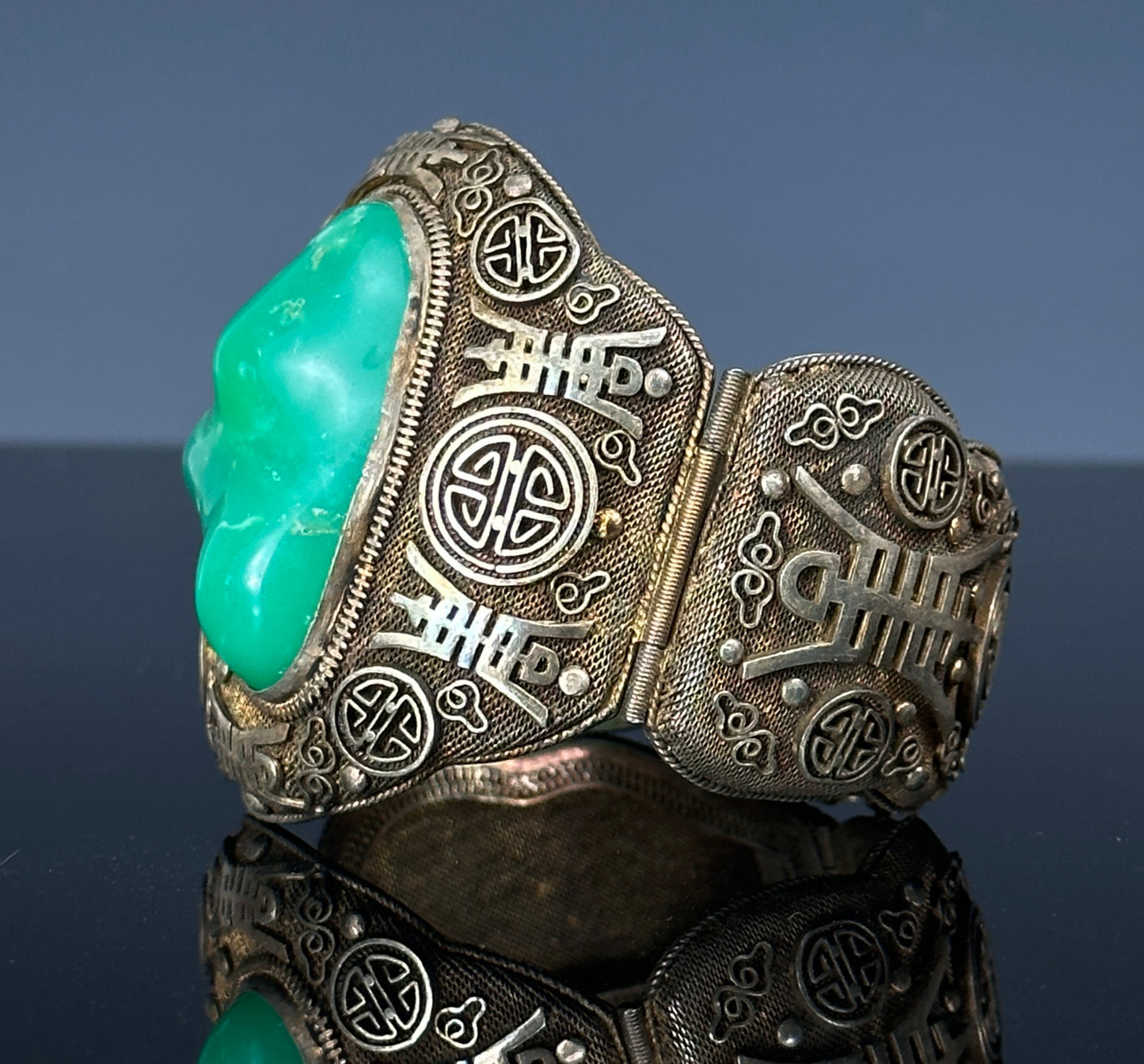 SOLD Antique Chinese Silver Filigree Vermeil Cuff Bracelet Chrysoprase 1910 Jade Like