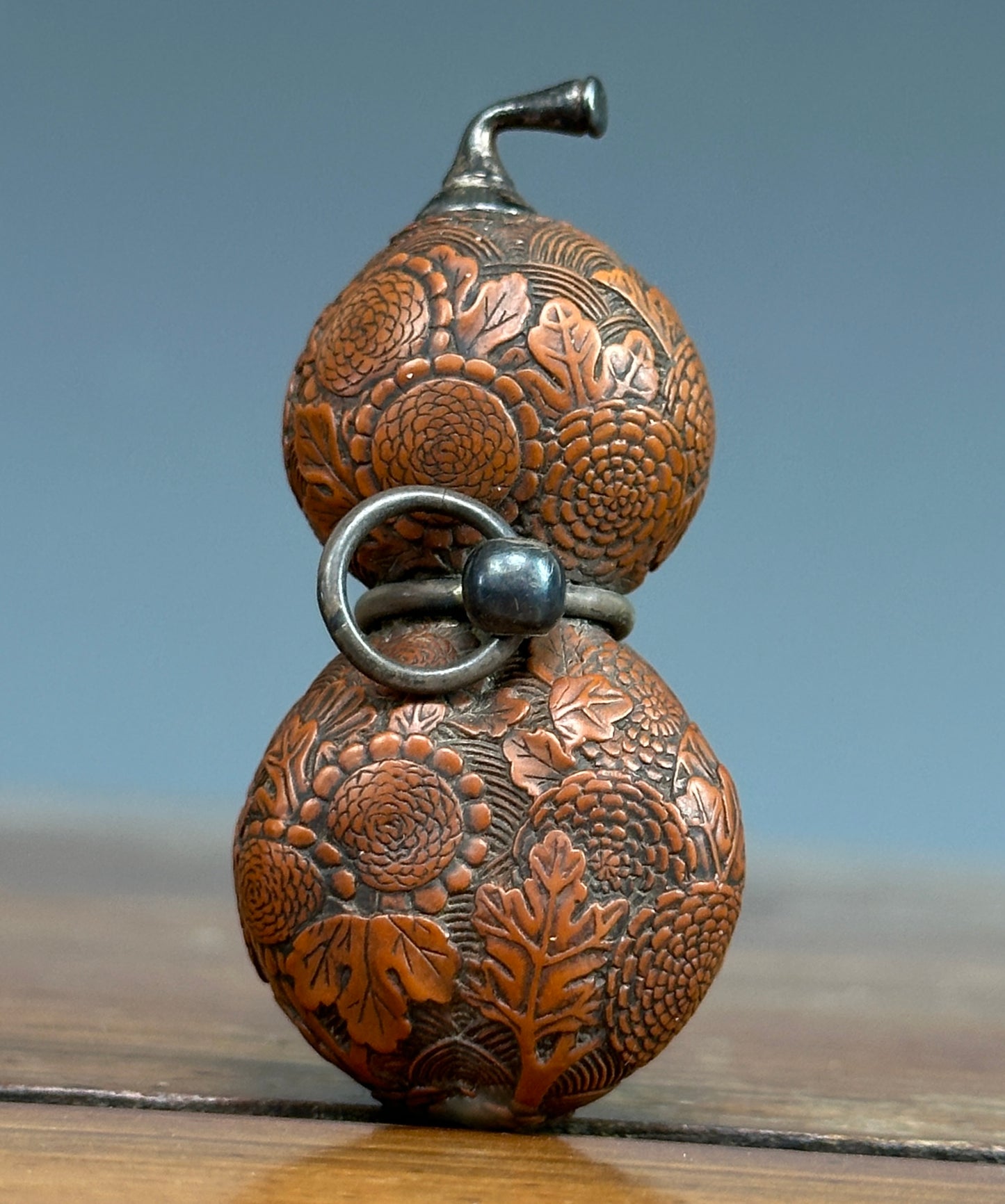 Antique Japanese Carved Gourd Netsuke Silver Fittings Edo Meiji Snuff Bottle Nut
