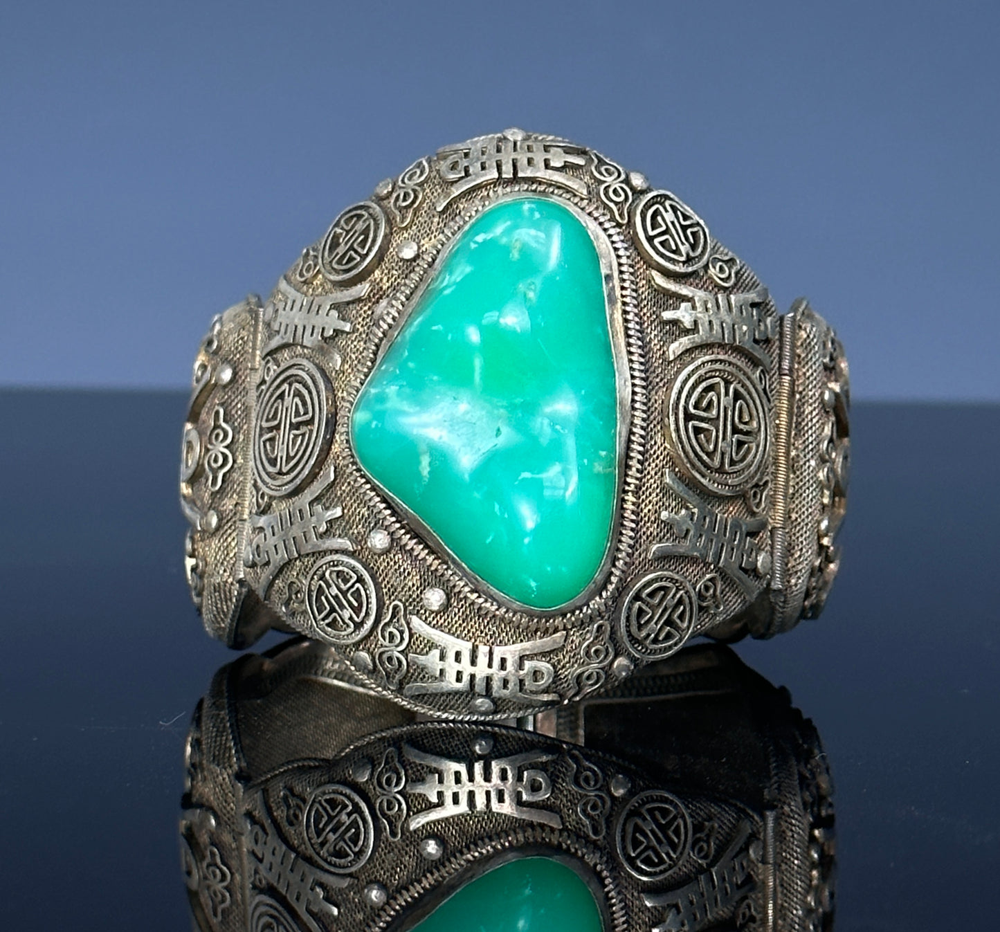 SOLD Antique Chinese Silver Filigree Vermeil Cuff Bracelet Chrysoprase 1910 Jade Like