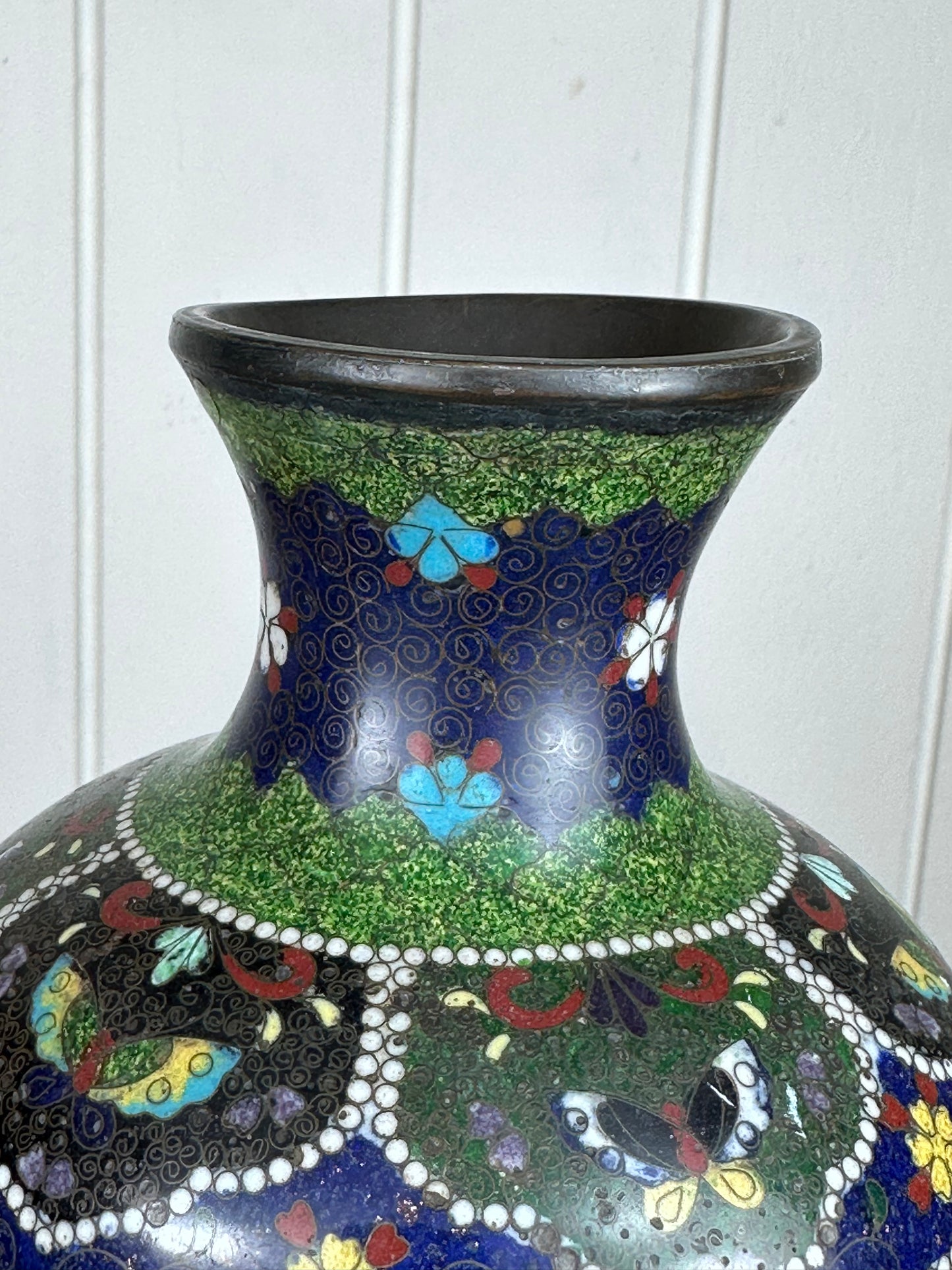 SOLD Antique Japanese Cloisonne Vase Meiji Unusual Ginbari Purple Sparkle 19th Century