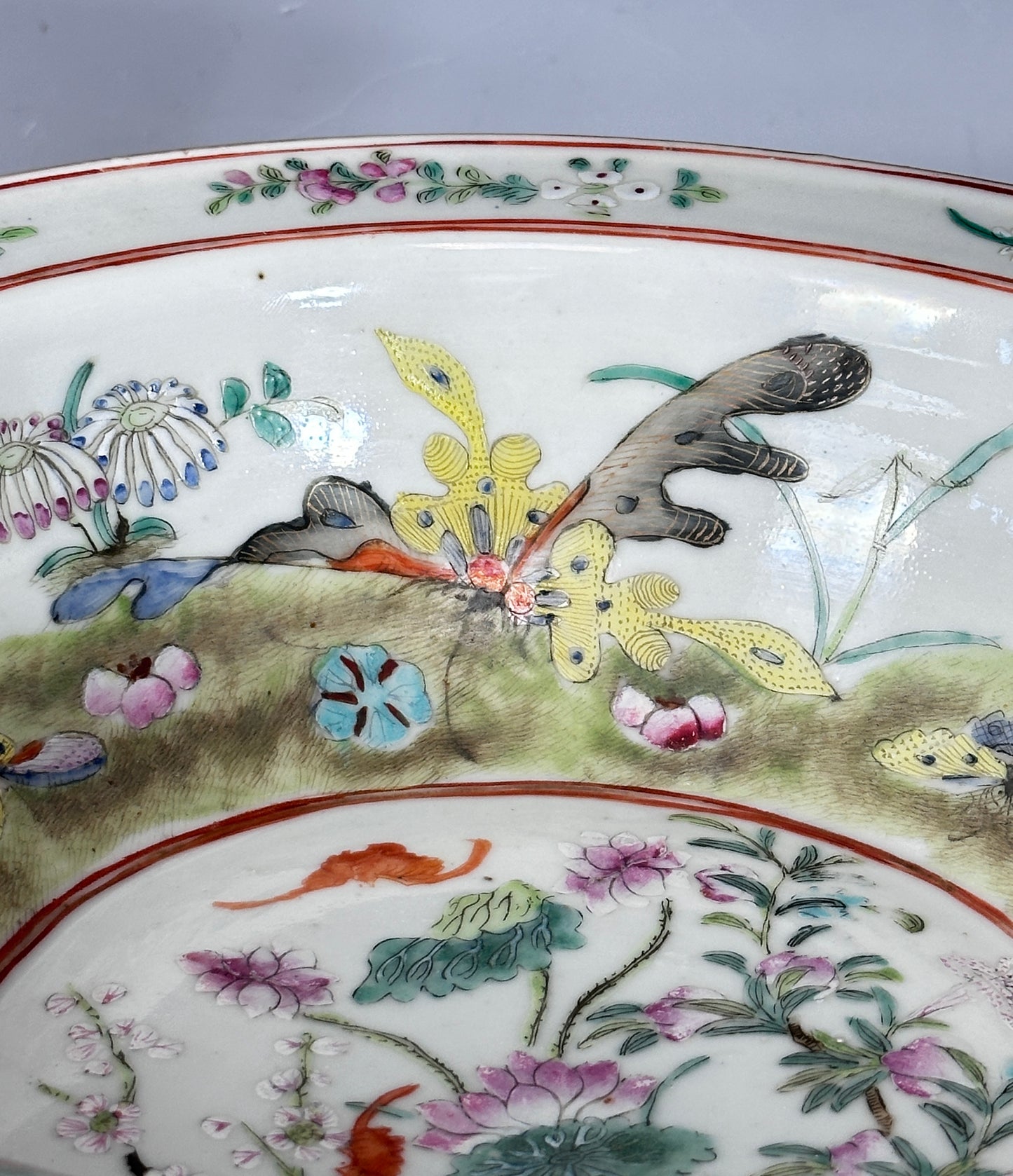 Antique Chinese Porcelain Basin Bowl “8 Butterflies” Bats Lotus Famille Rose 19th c Qing