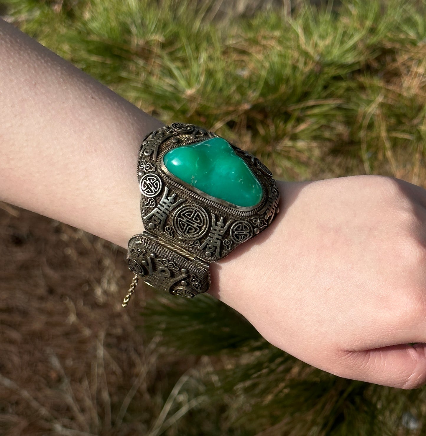 SOLD Antique Chinese Silver Filigree Vermeil Cuff Bracelet Chrysoprase 1910 Jade Like