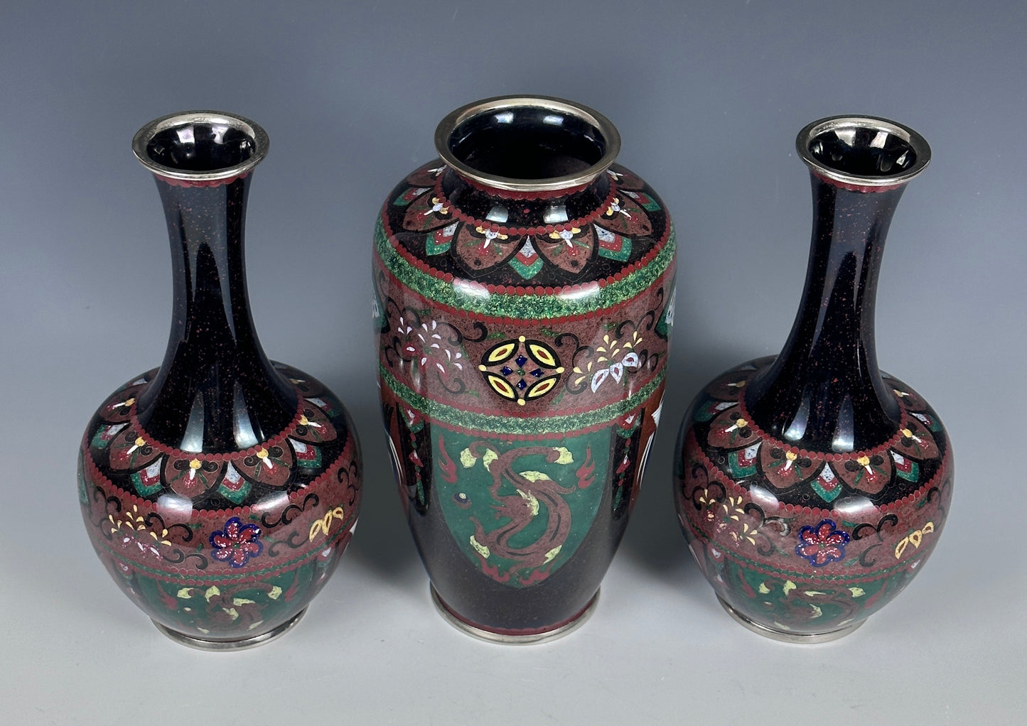 SOLD Antique Japanese Cloisonne 3 Piece Garniture Vases Deco 1920s