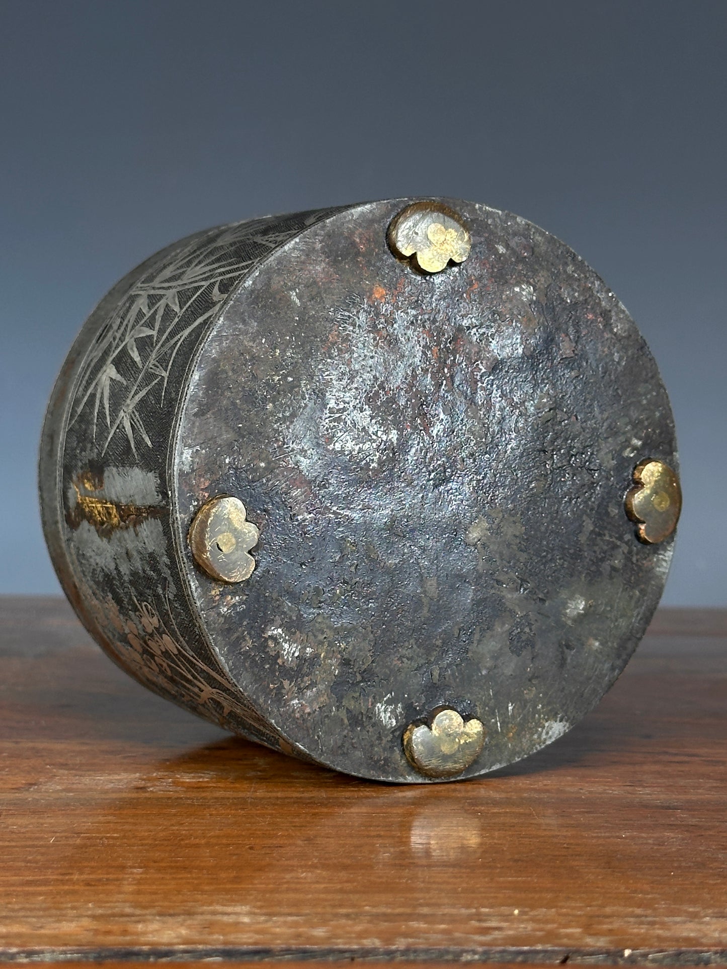 Antique Korean Silver Inlaid Iron Round Tobacco Box Joseon