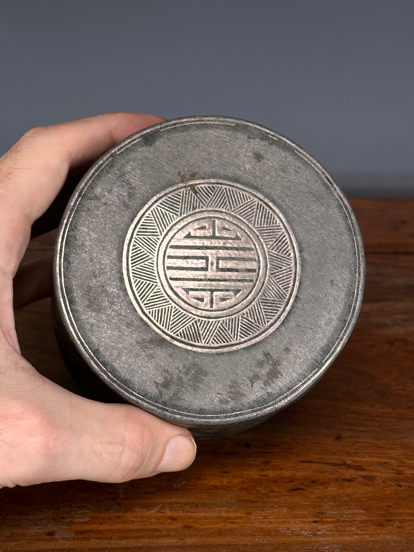 Antique Korean Silver Inlaid Iron Round Tobacco Box Joseon