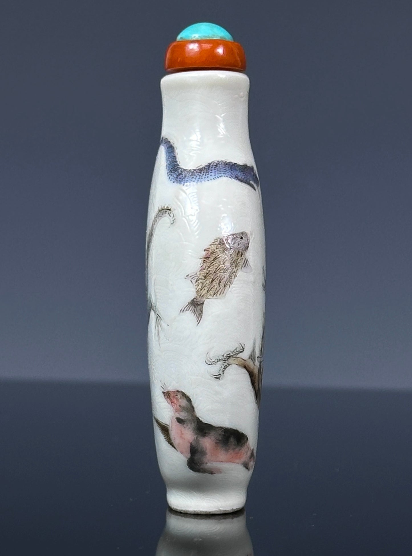 SOLD Antique Chinese Daoguang Porcelain Snuff Bottle “Eight Mythical Sea Creatures”