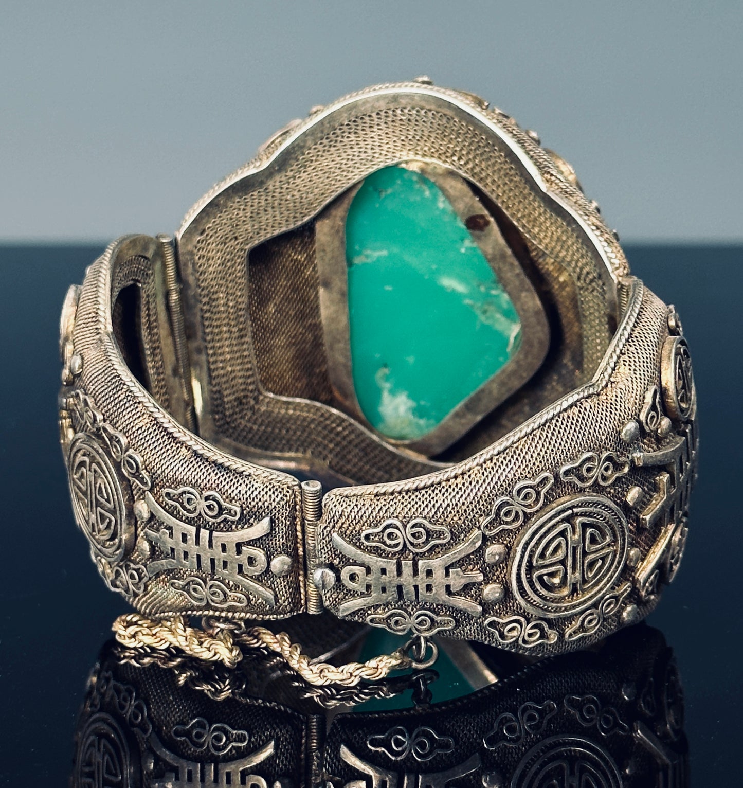 SOLD Antique Chinese Silver Filigree Vermeil Cuff Bracelet Chrysoprase 1910 Jade Like