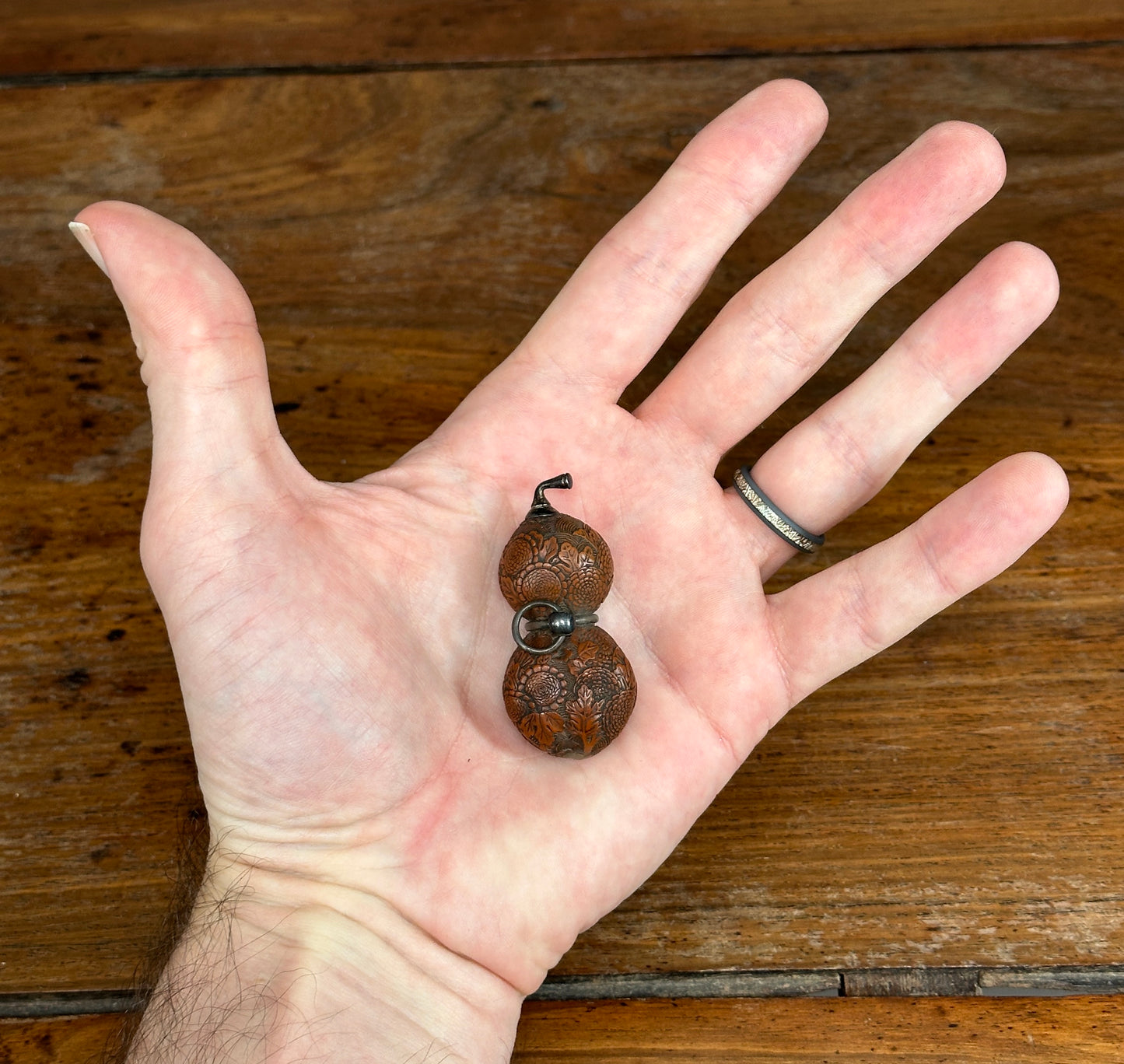Antique Japanese Carved Gourd Netsuke Silver Fittings Edo Meiji Snuff Bottle Nut