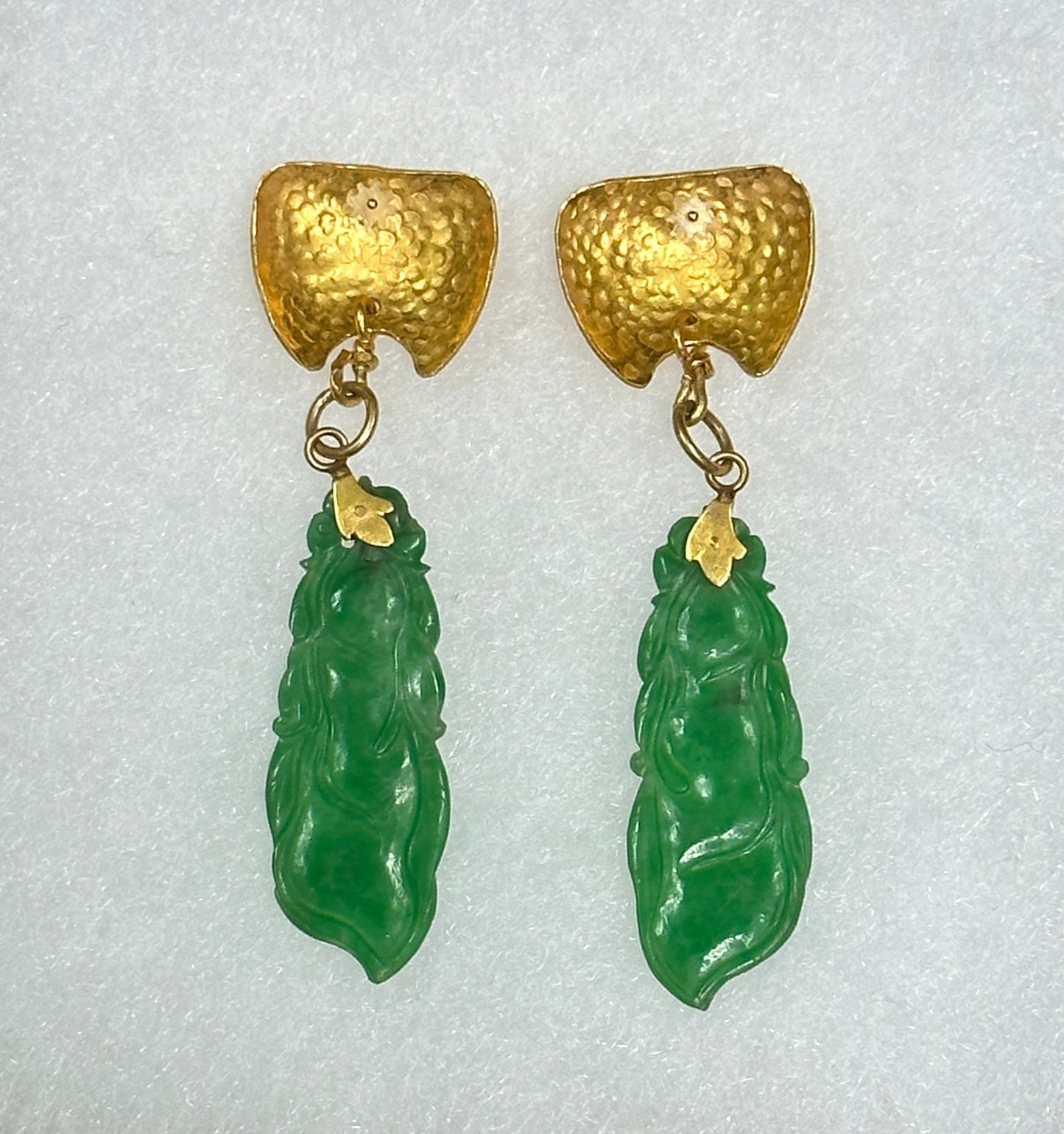 SOLD Antique Carved Apple Green Jadeite Jade “Peapods” 24k Gold Earrings Signed