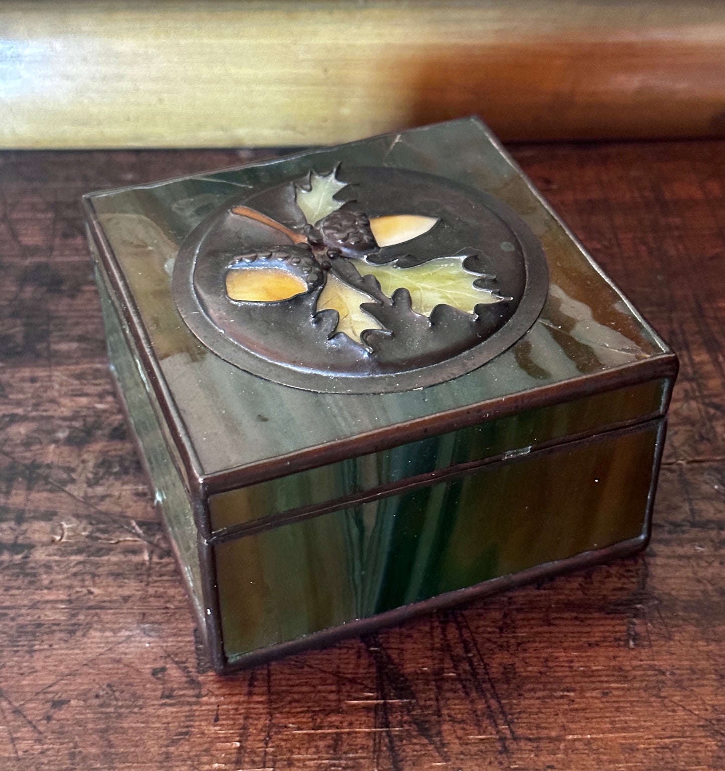 SOLD Rare Glass & Copper Box Oak Leaves Acorns Arts & Crafts Mission Slag Opalescent