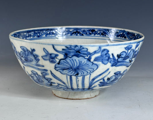 Antique Chinese Porcelain 8” Bowl Late Ming Blue White Ducks Lotus Pond Bonhams