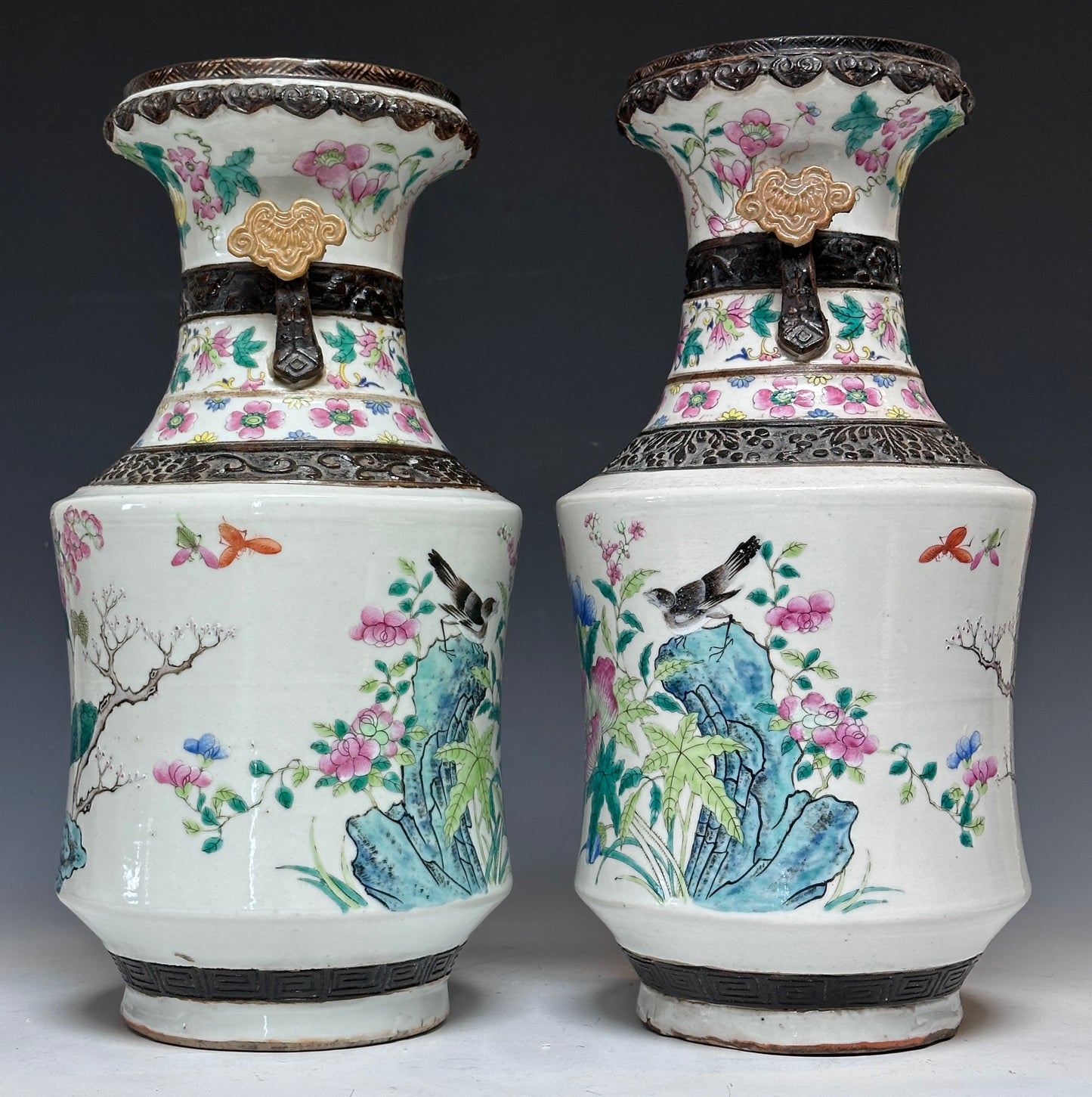Antique Chinese Porcelain Large Mirror Pair Vases Nanking Famille Rose