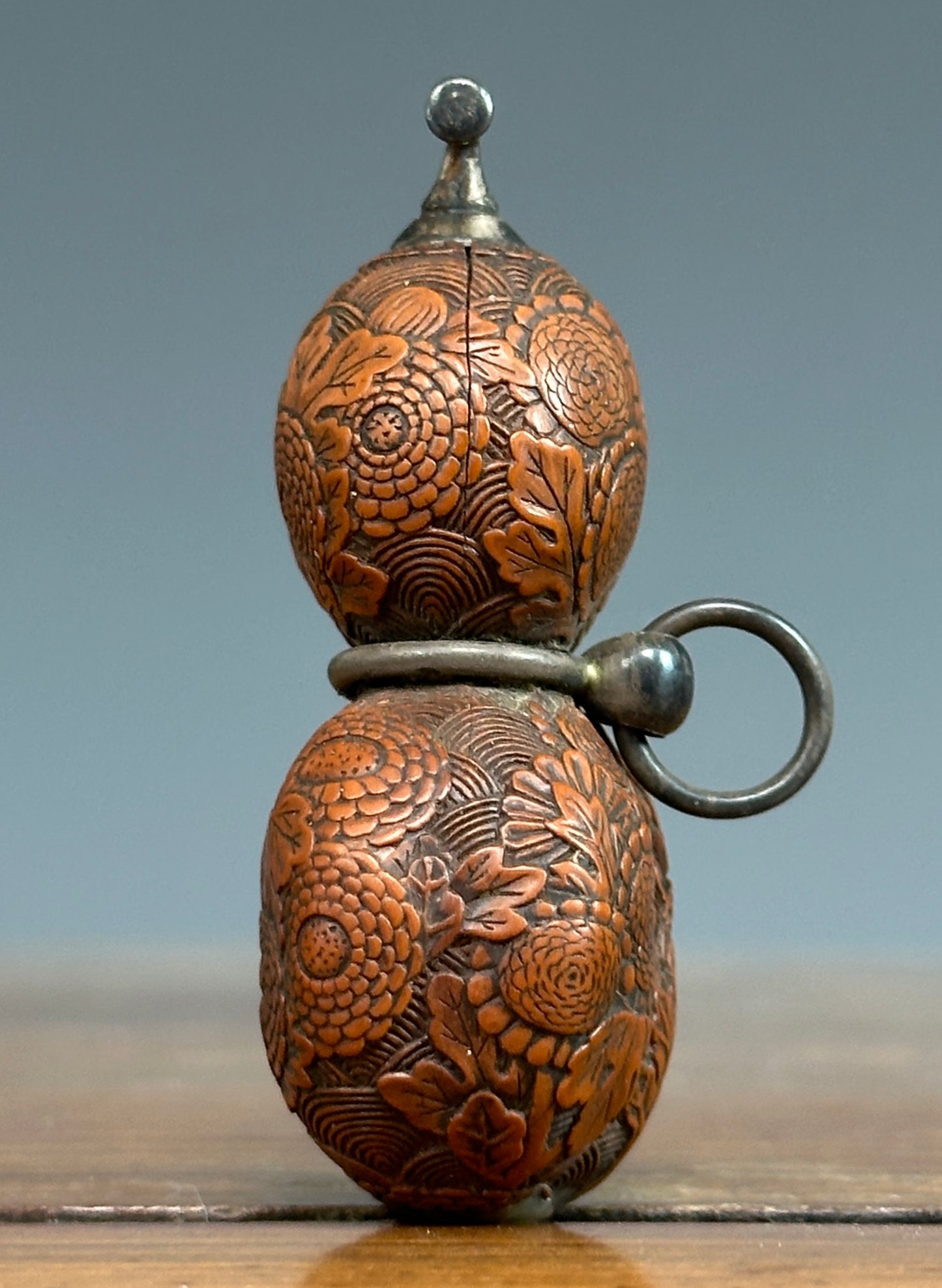 Antique Japanese Carved Gourd Netsuke Silver Fittings Edo Meiji Snuff Bottle Nut