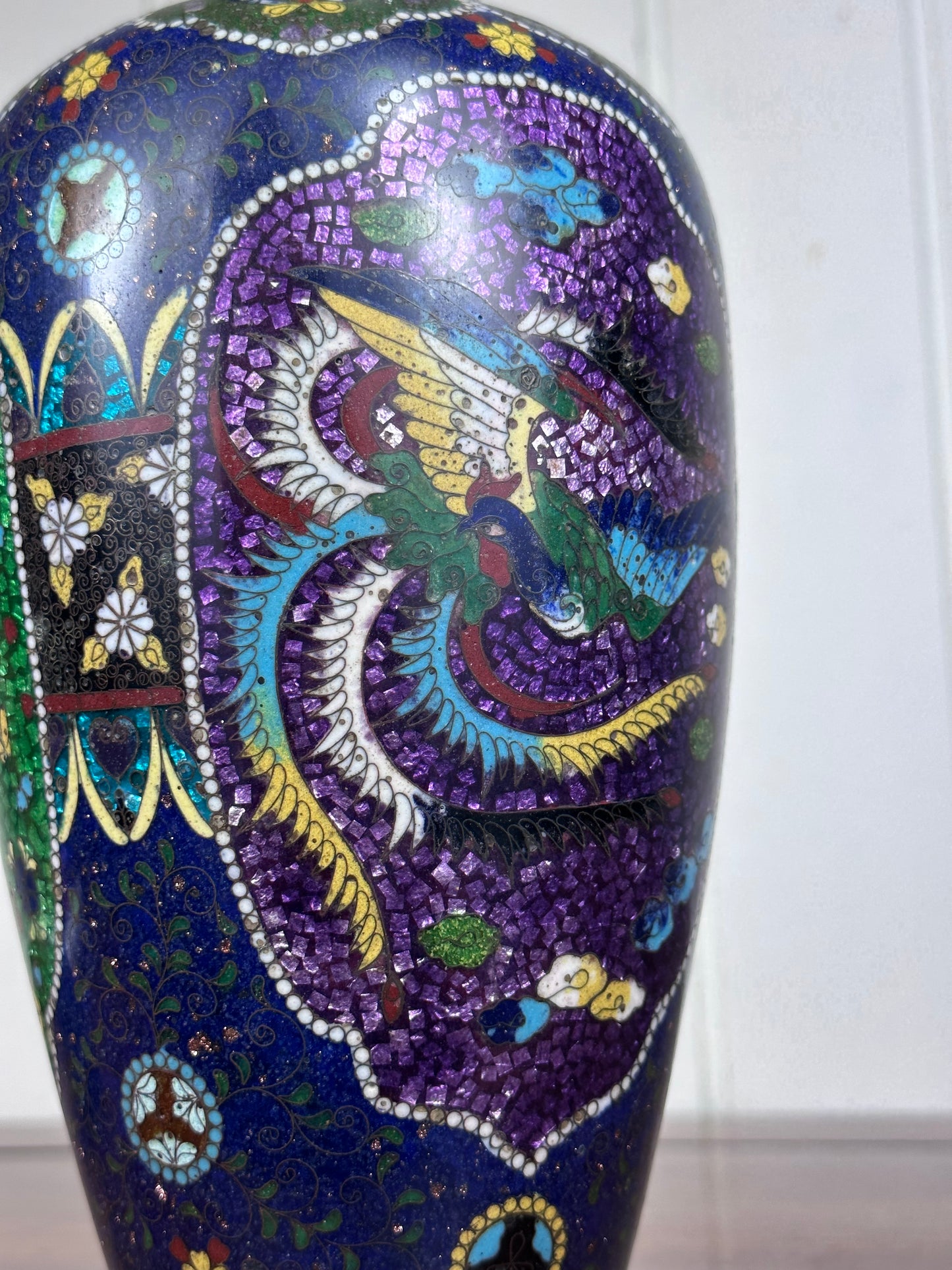 SOLD Antique Japanese Cloisonne Vase Meiji Unusual Ginbari Purple Sparkle 19th Century