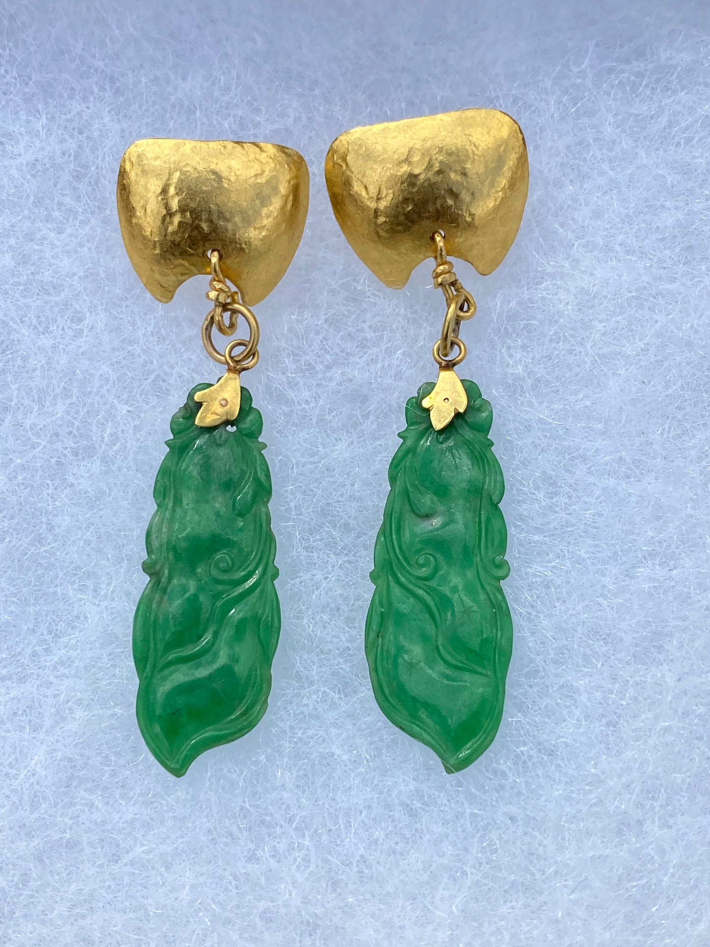 SOLD Antique Carved Apple Green Jadeite Jade “Peapods” 24k Gold Earrings Signed