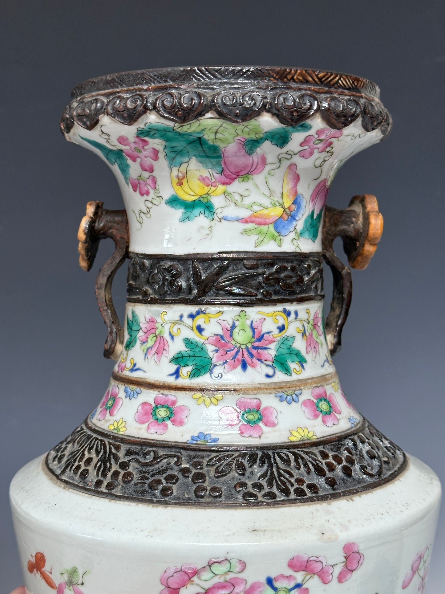 Antique Chinese Porcelain Large Mirror Pair Vases Nanking Famille Rose