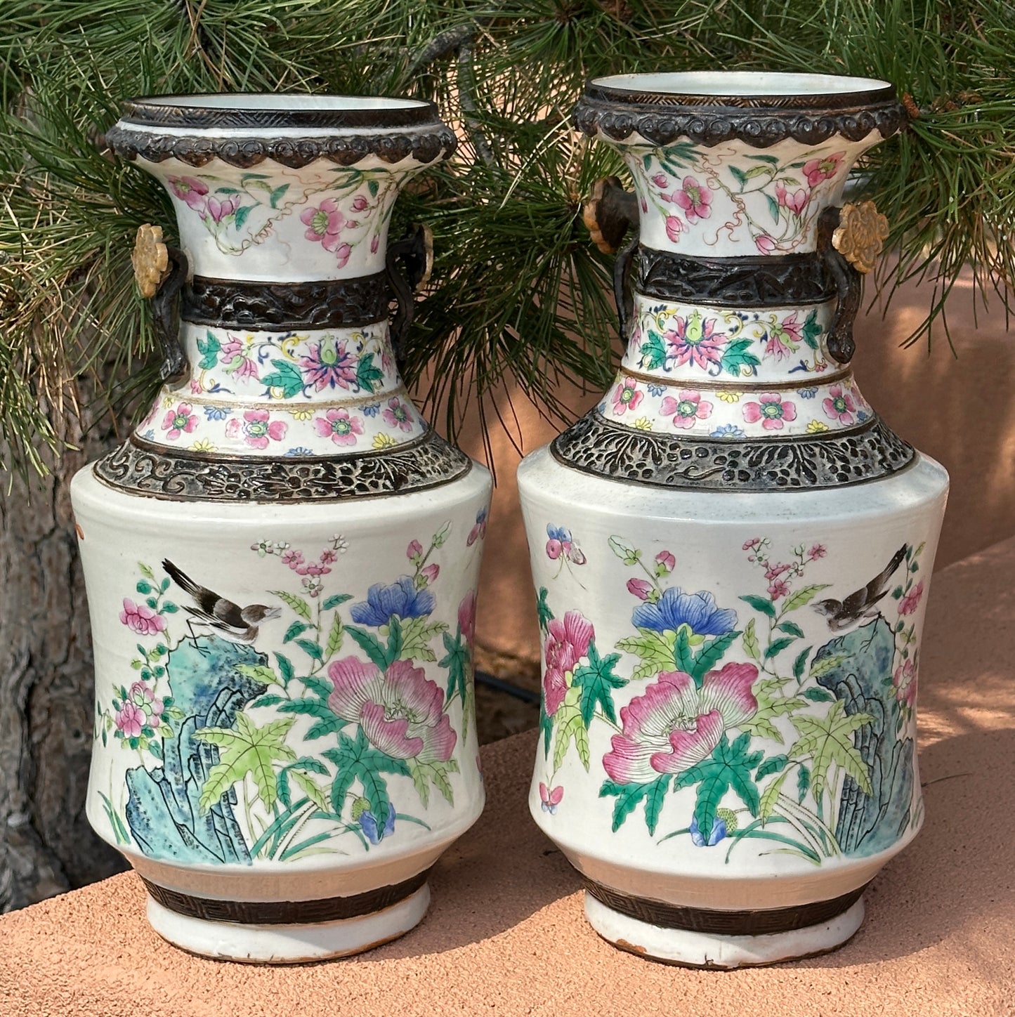 Antique Chinese Porcelain Large Mirror Pair Vases Nanking Famille Rose