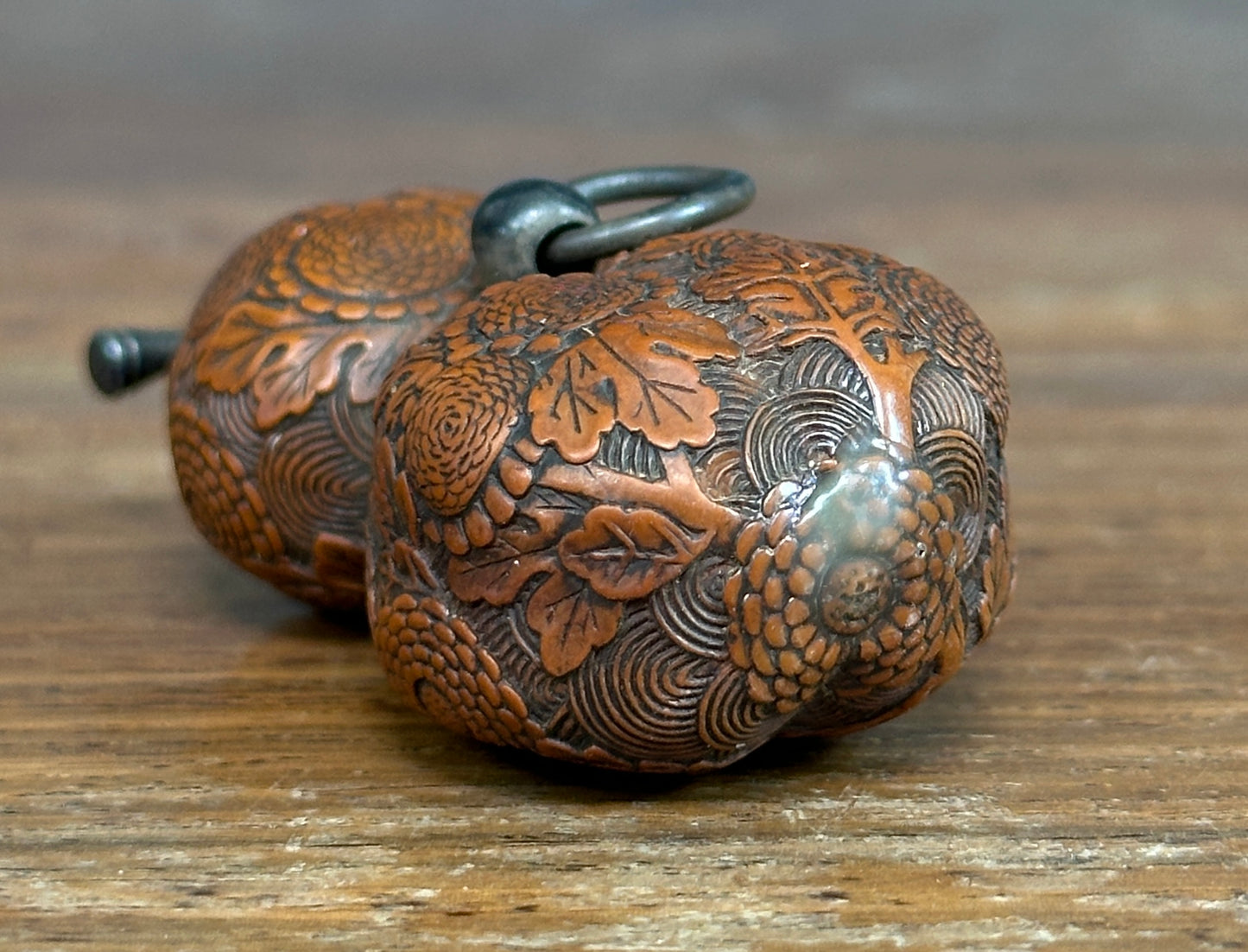 Antique Japanese Carved Gourd Netsuke Silver Fittings Edo Meiji Snuff Bottle Nut